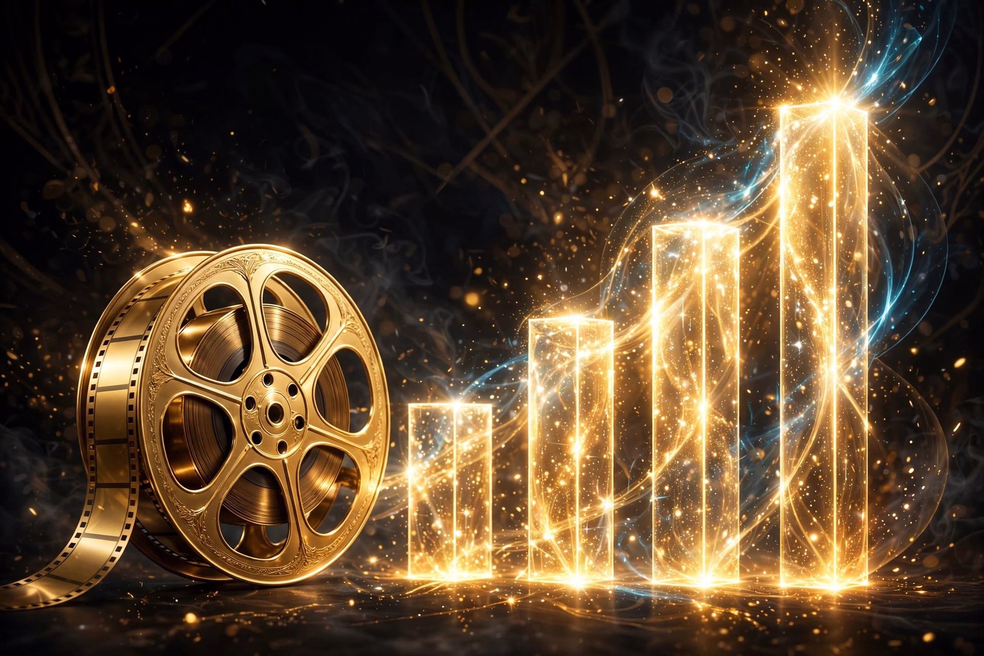 Golden film reel with rising bars of light, box office success concept art