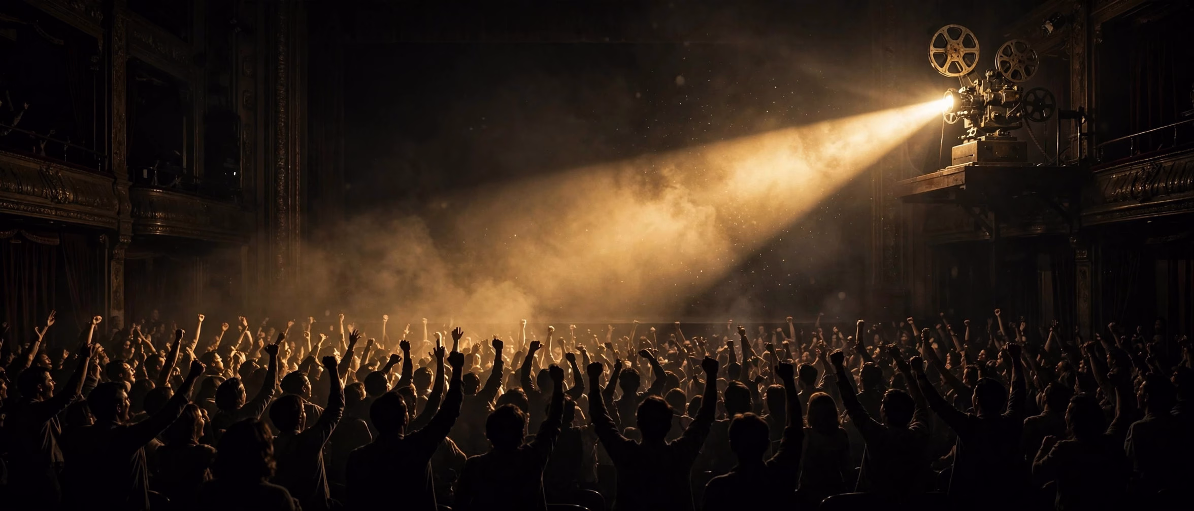 Vintage cinema projector beam cutting through a dark hall over a cheering crowd