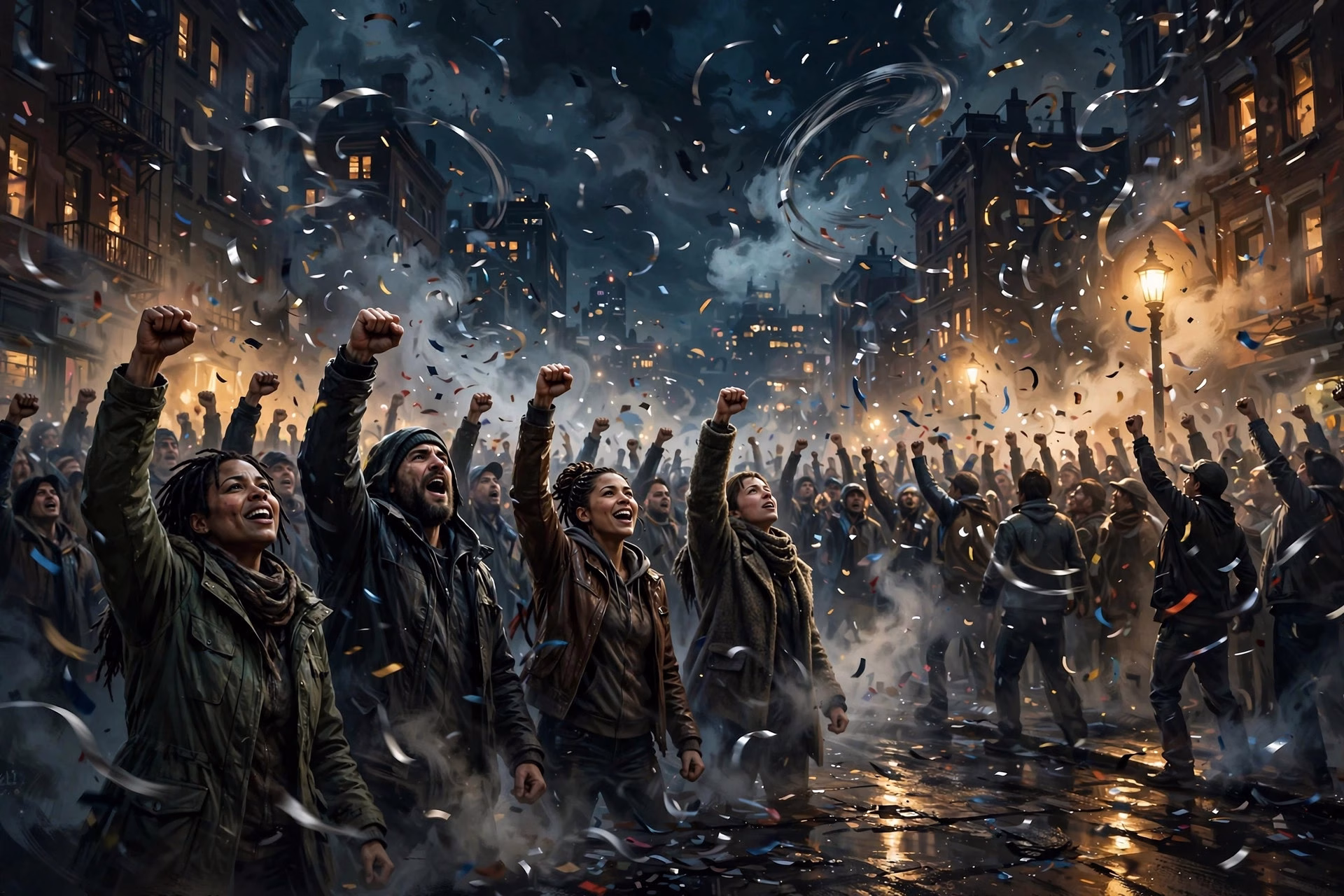 Celebration in a city street at night with confetti and raised fists, victory concept art
