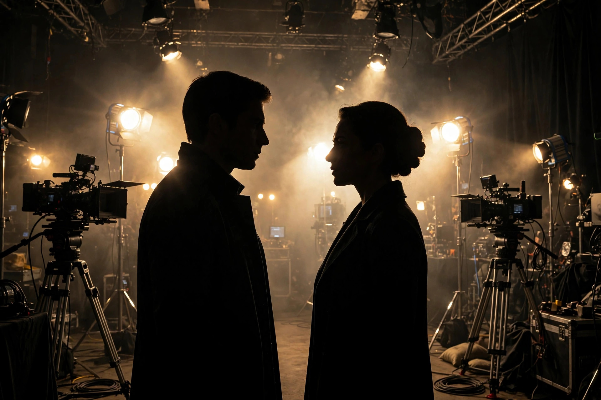 Two superstar silhouettes facing each other on a film set with cameras