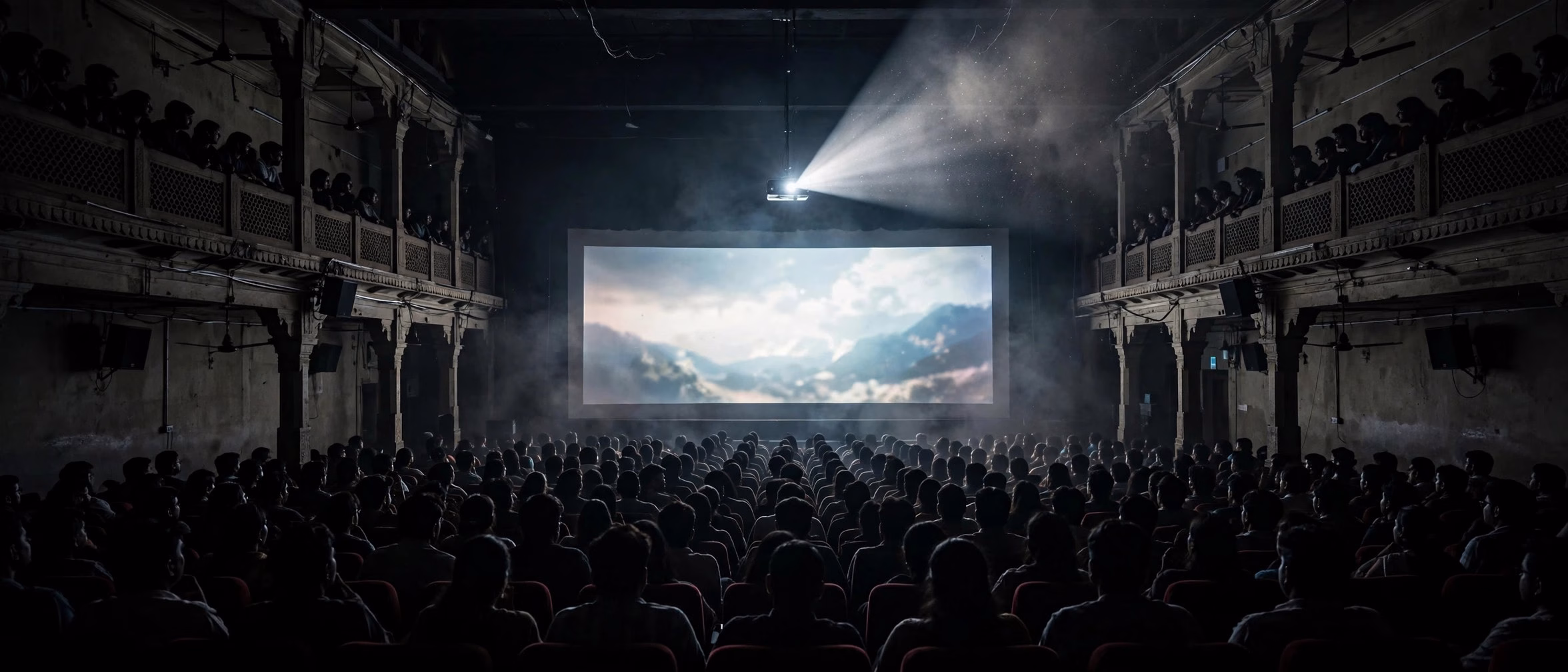 Silhouetted cinema audience watching a glowing theatre screen in a dark auditorium