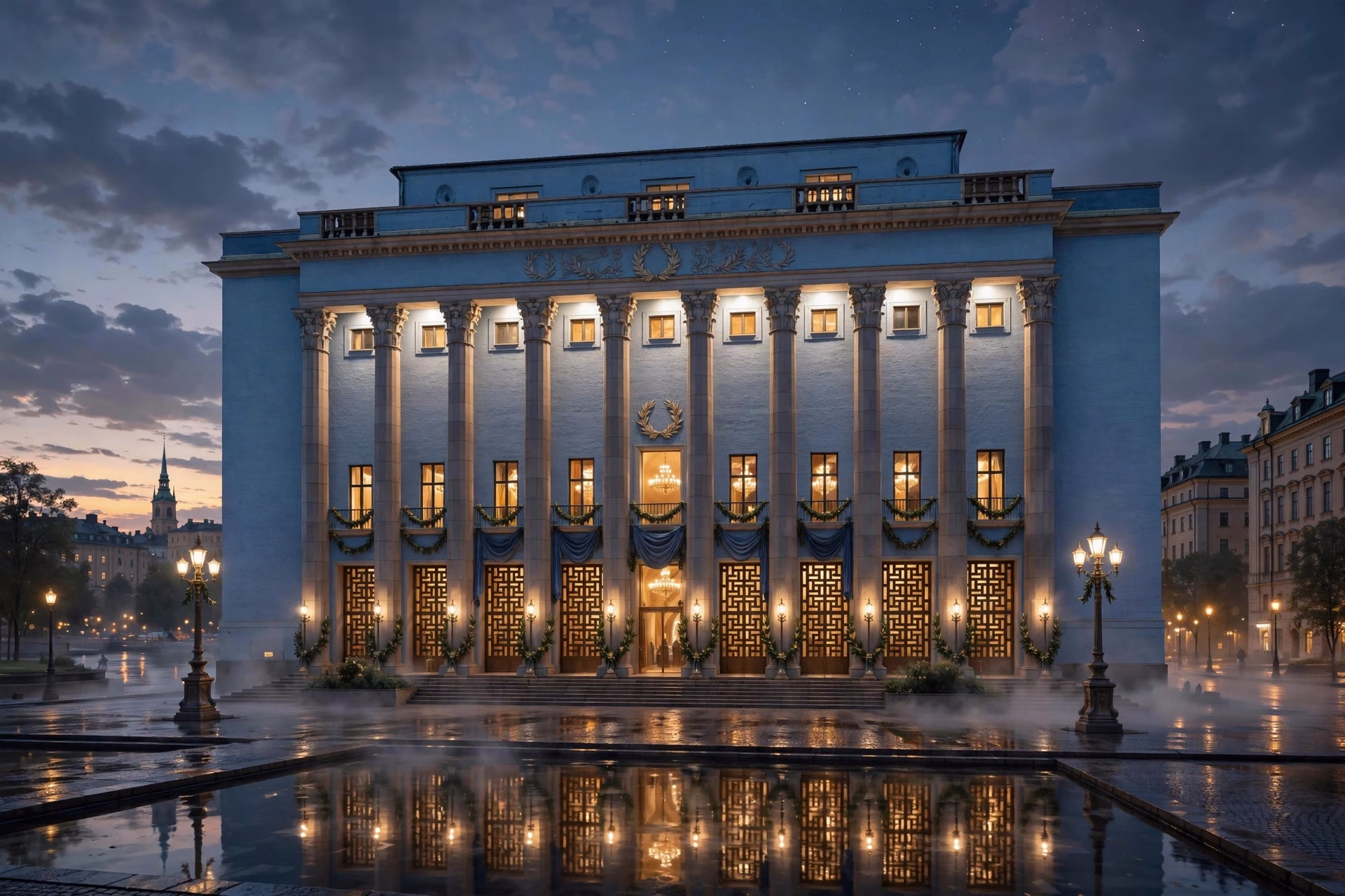 Stockholm concert hall glowing at dusk ahead of the Nobel ceremony