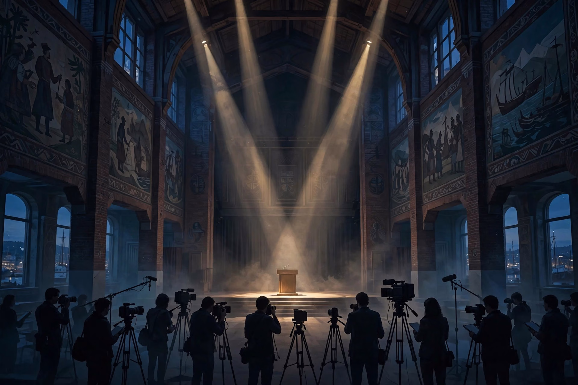 Concept art of journalists and cameras facing a glowing empty podium at an evening press announcement