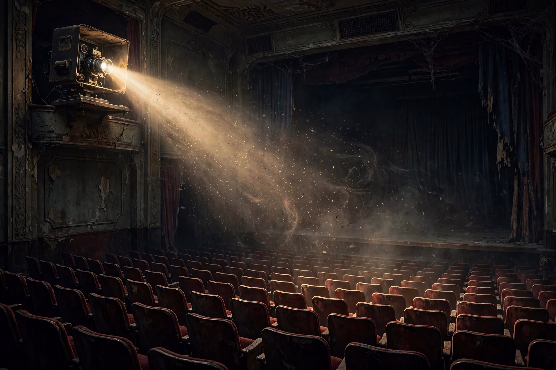Film projector beam cutting through darkness in an old cinema hall