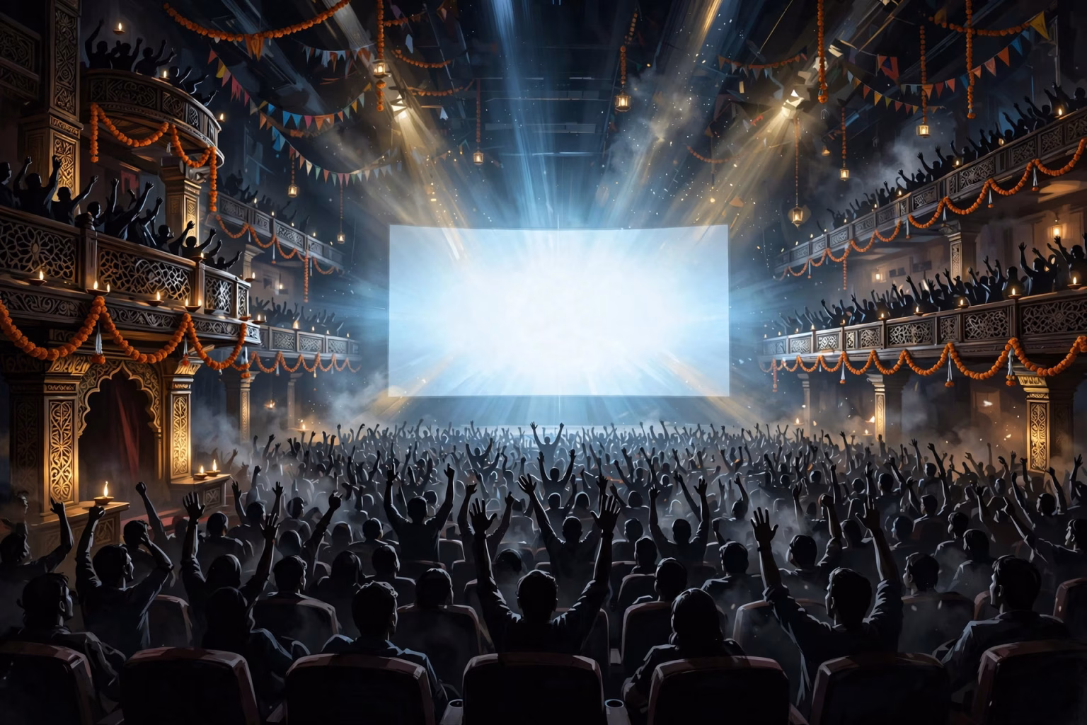 Packed multiplex auditorium with cheering audience silhouettes and glowing movie screen