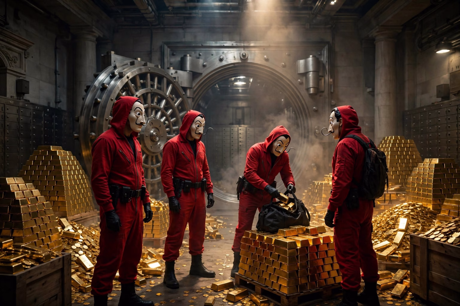Money Heist Ending Explained: The Gold, the Brass and the Professor’s Final Checkmate Red-jumpsuited figures with Dali masks inside a grand bank vault surrounded by gold, heist concept art