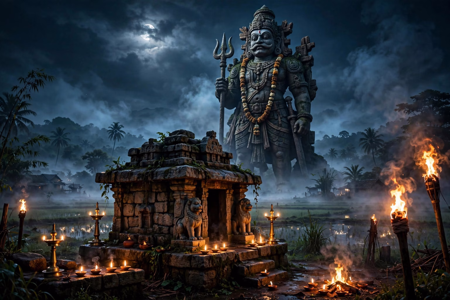 Cinematic still of a village guardian-deity shrine glowing at night, from Suriya's Tamil fantasy drama Karuppu