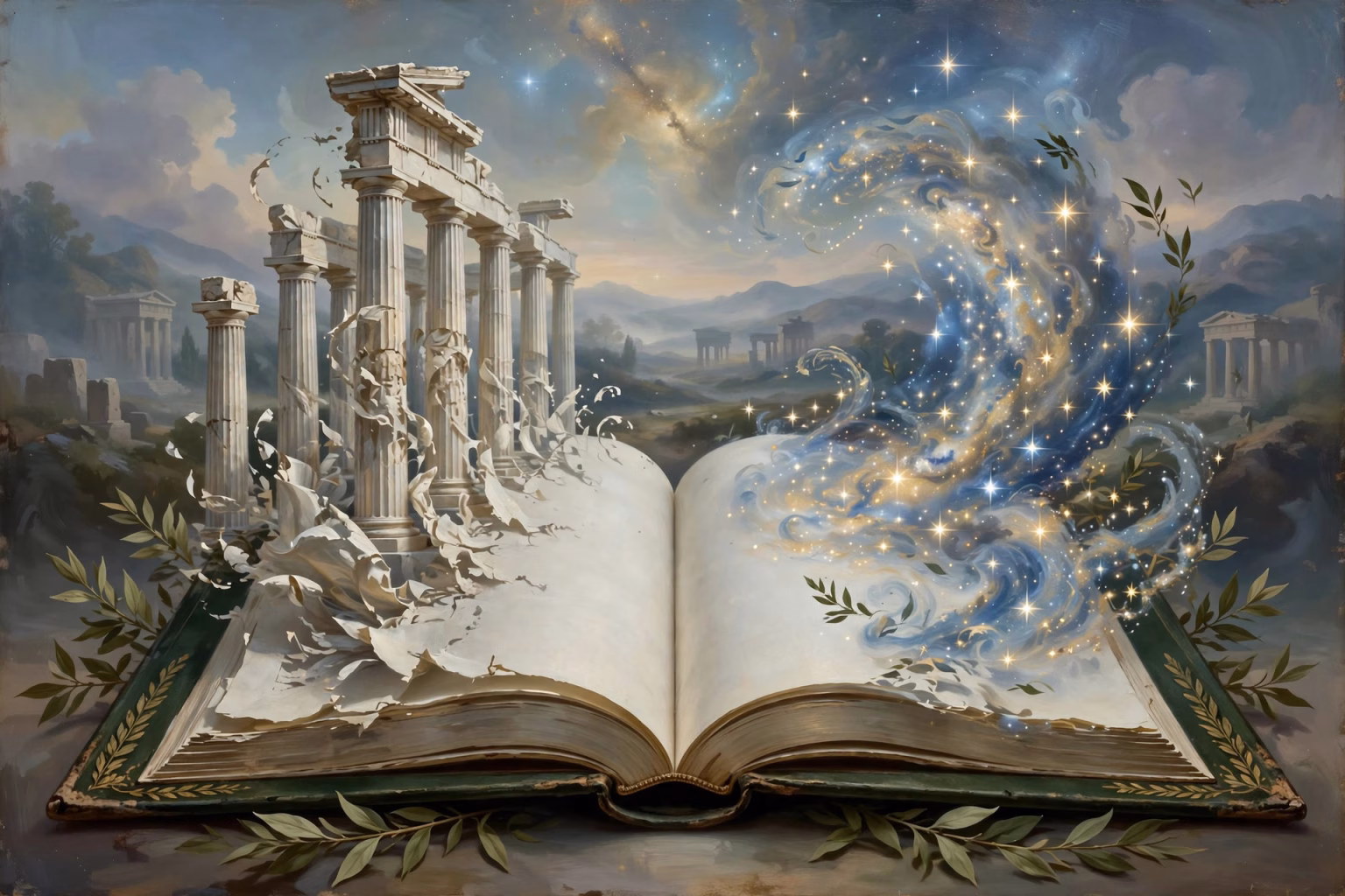 Concept art of an open book transforming into Greek columns under stars, marking Anne Carson's 2026 Nobel Prize in Literature