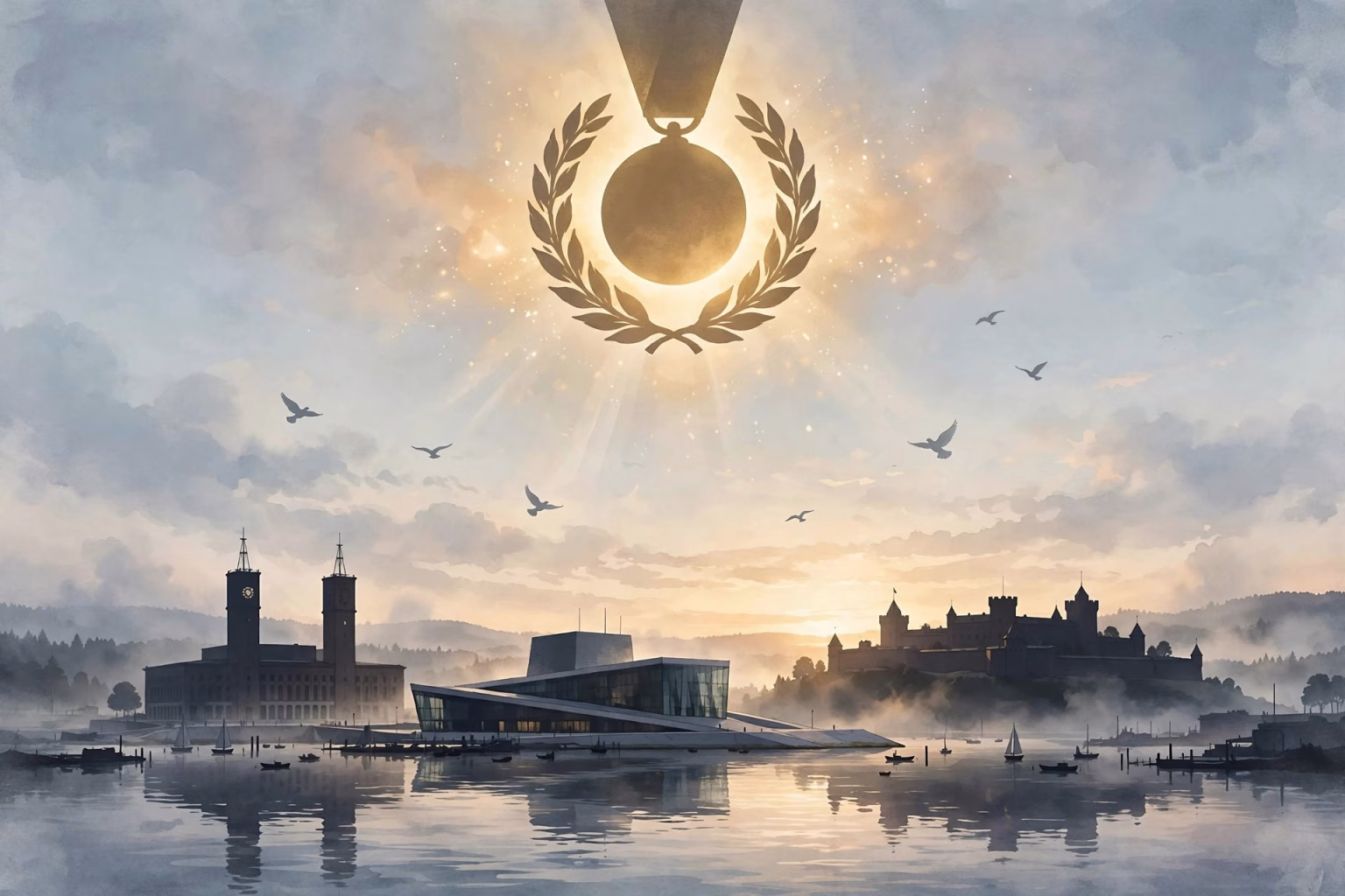 Nobel Peace Prize 2026: Announcement Today — Frontrunners, Timings and Trump’s Shadow Concept art of a glowing golden medal above the Oslo waterfront at dawn with doves in flight, marking the 2026 Nobel Peace Prize announcement