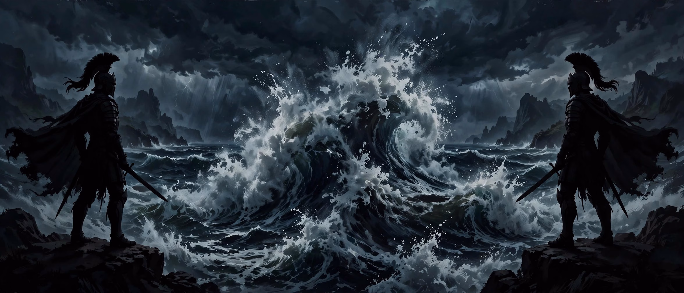 Twin warrior silhouettes divided by crashing ocean waves, dual-identity concept art