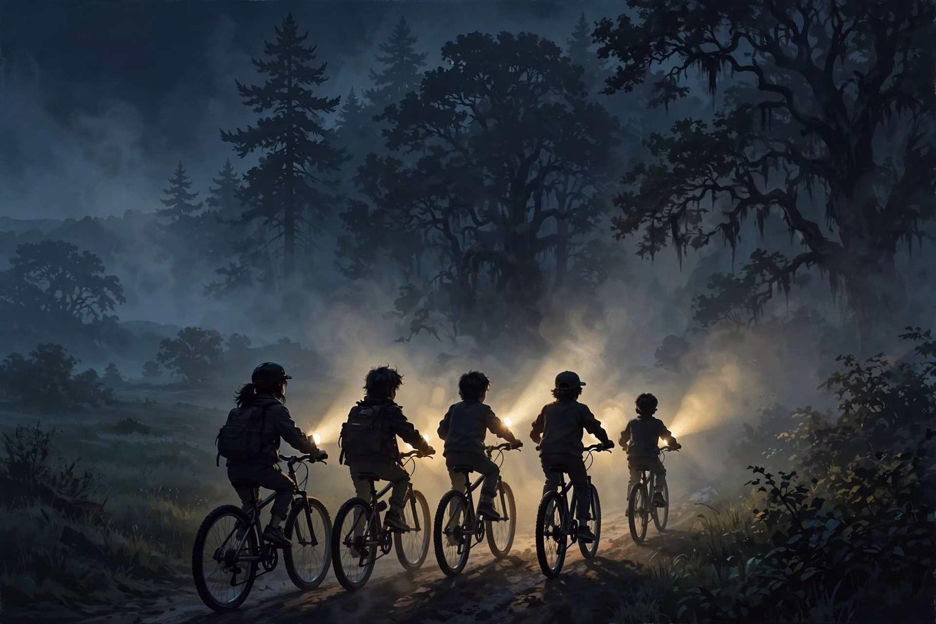 Group of kids on bicycles with flashlights riding toward a dark forest at night, adventure concept art