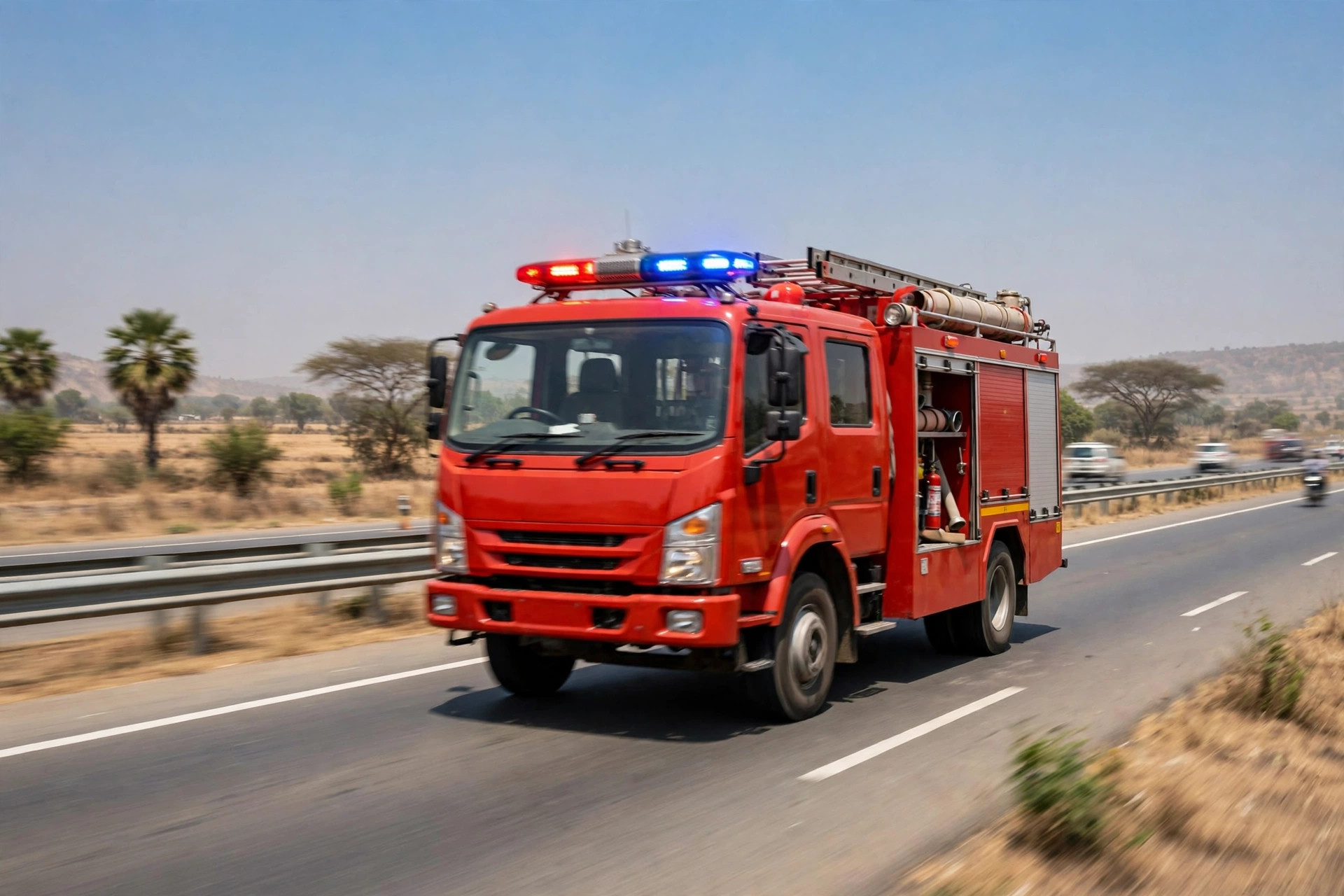 Fire brigade truck with flashing lights responding on an Indian highway