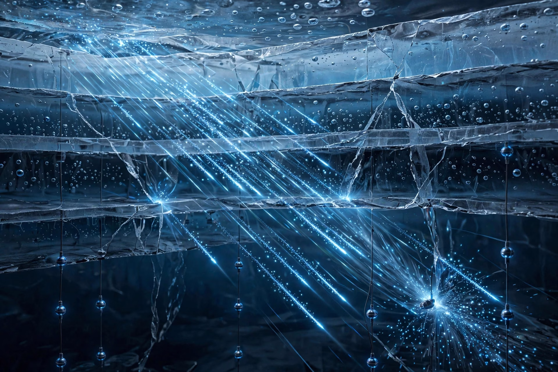 Glowing blue neutrino tracks streaking through deep Antarctic ice layers