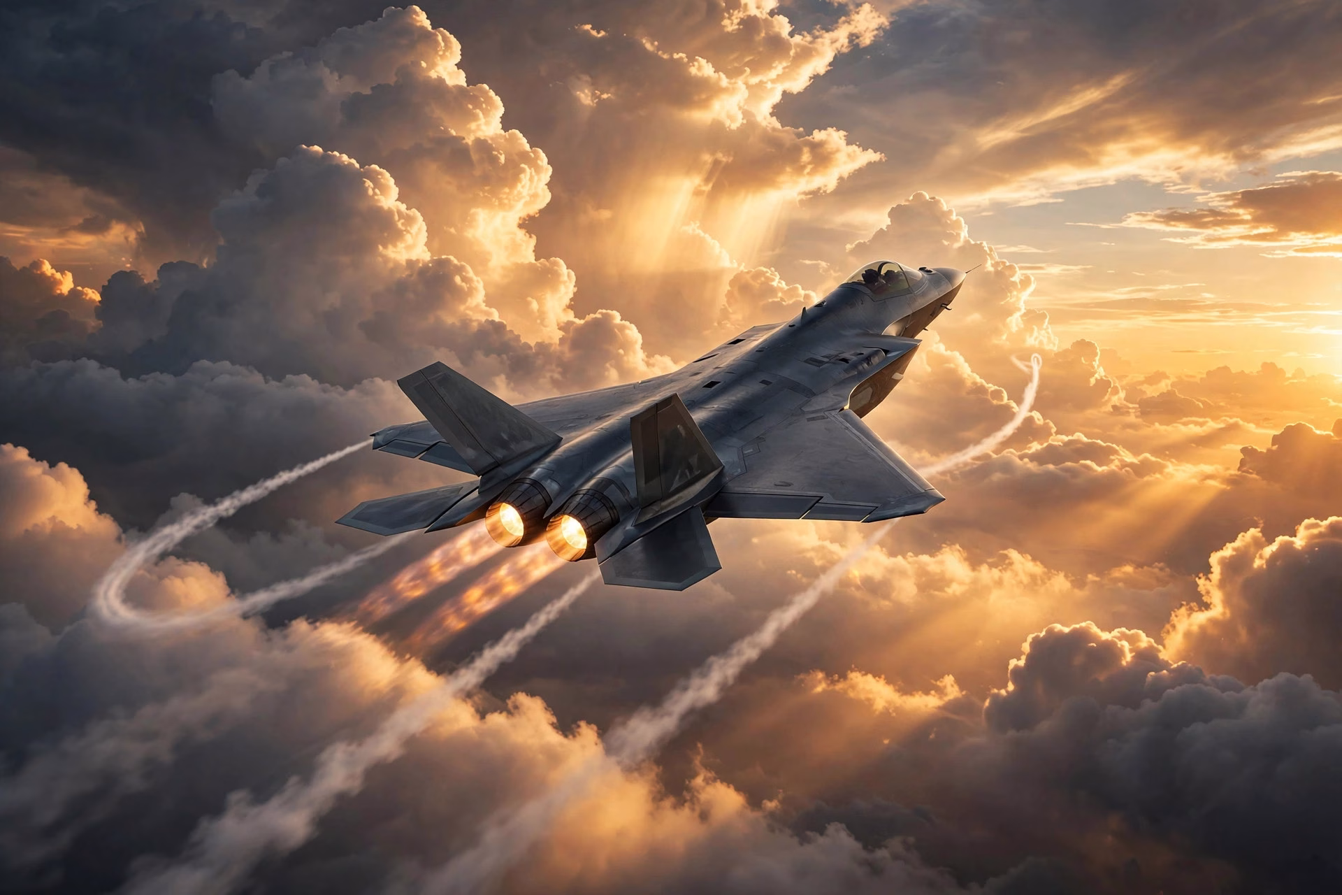 Fighter jet soaring through dramatic clouds at golden hour, cinematic concept art