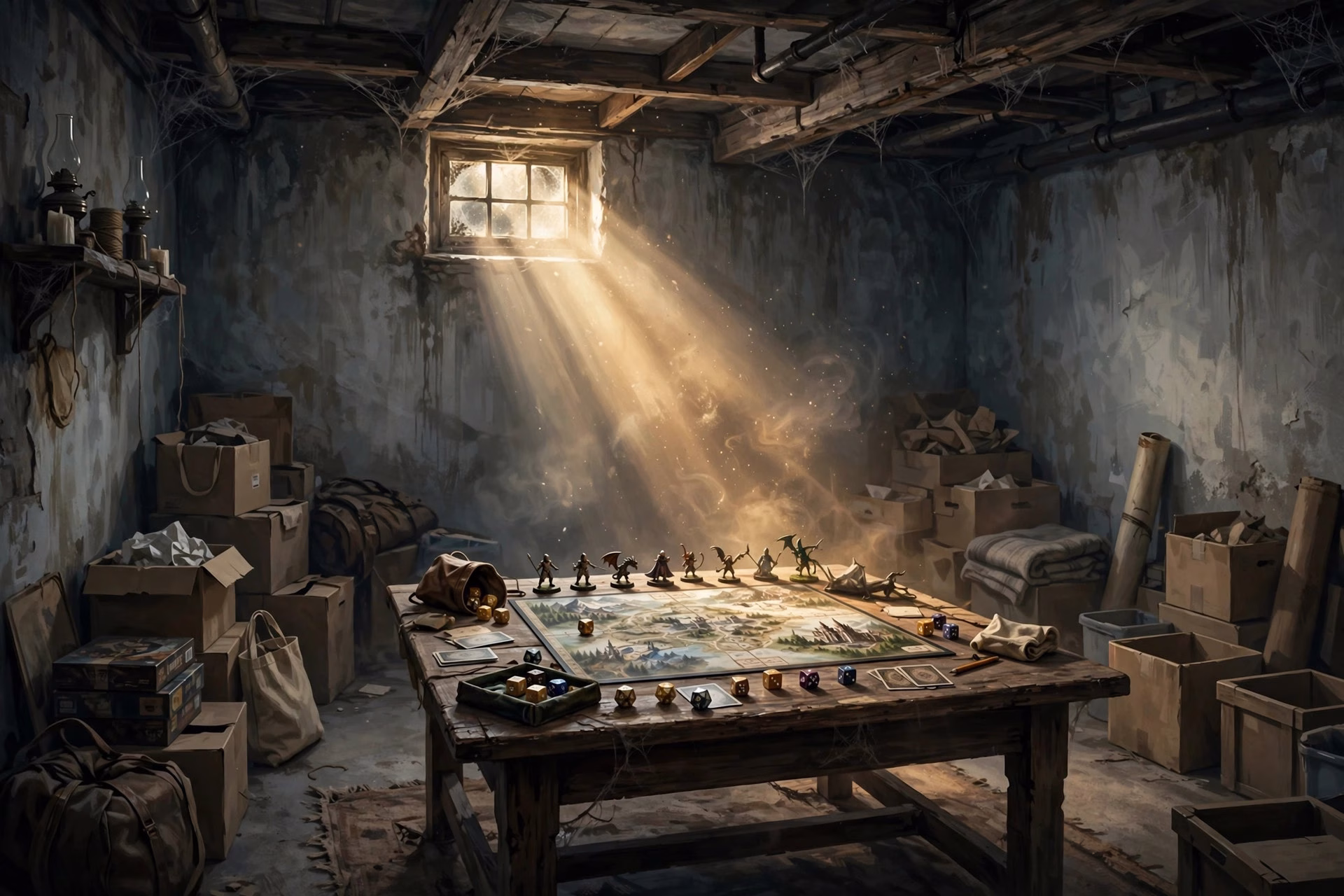 Empty basement with a Dungeons and Dragons table and a single shaft of light, nostalgic farewell concept art