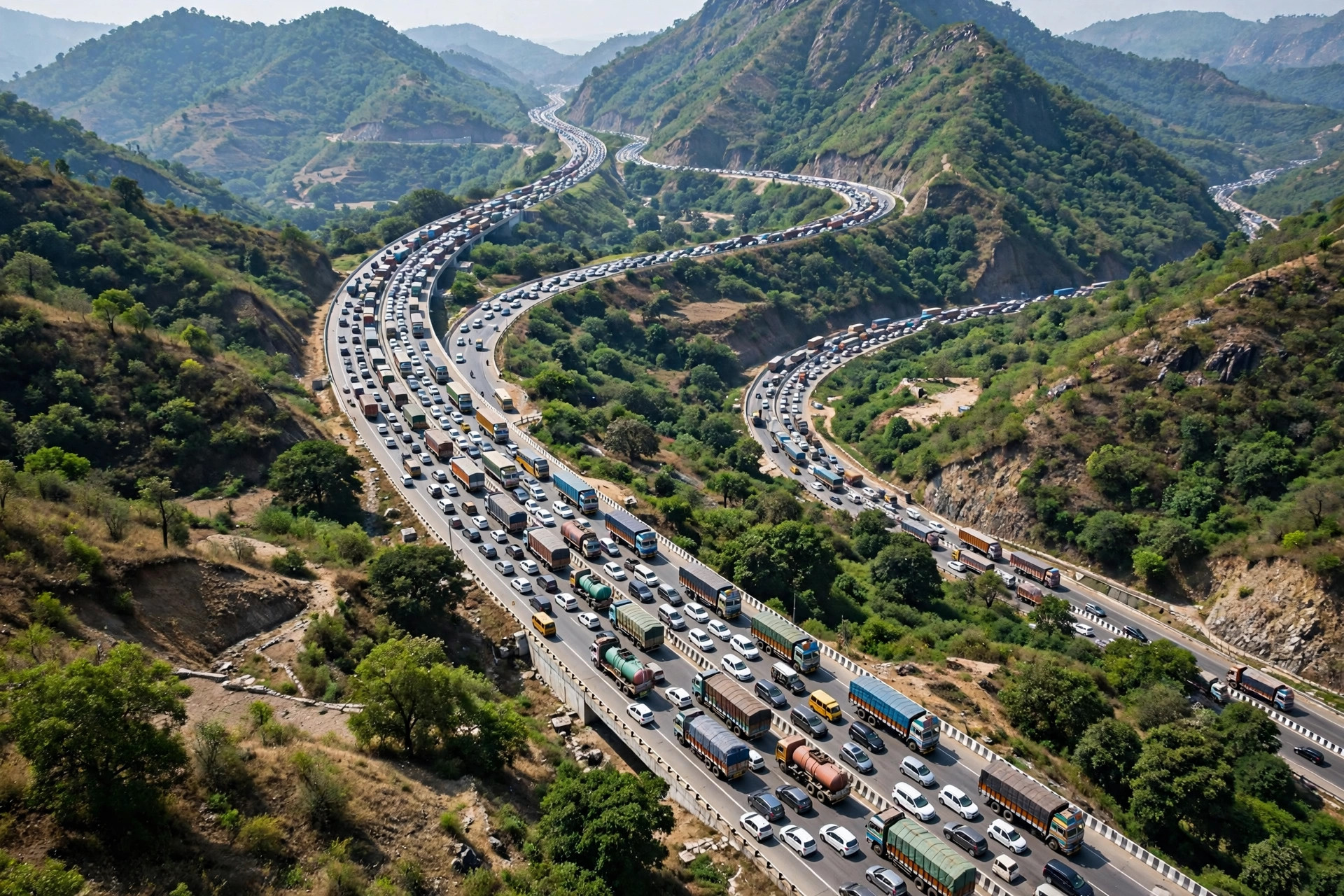 Long traffic jam of trucks and cars on an Indian expressway