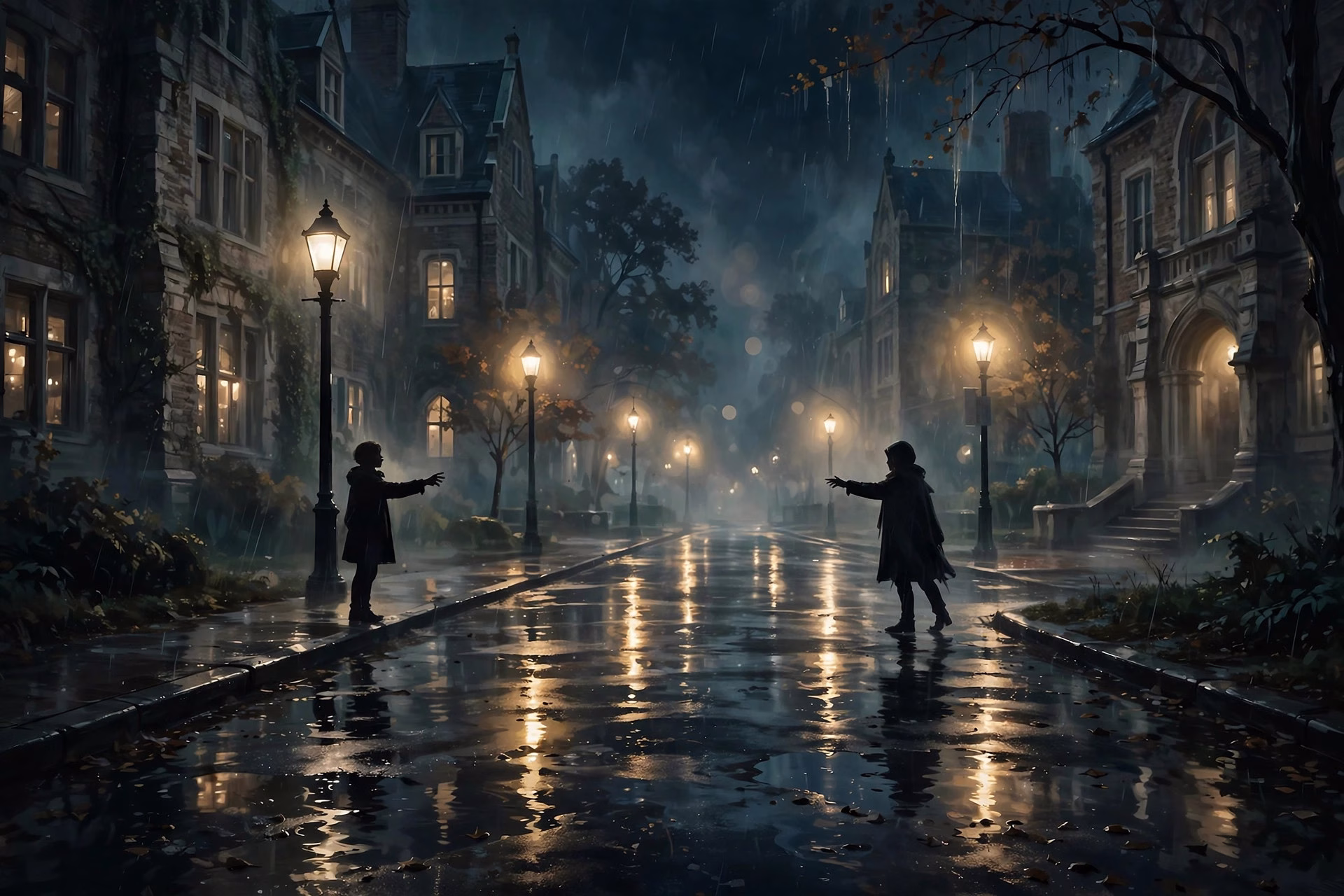 Two silhouettes reaching toward each other on a rain-soaked street at night under street lamps