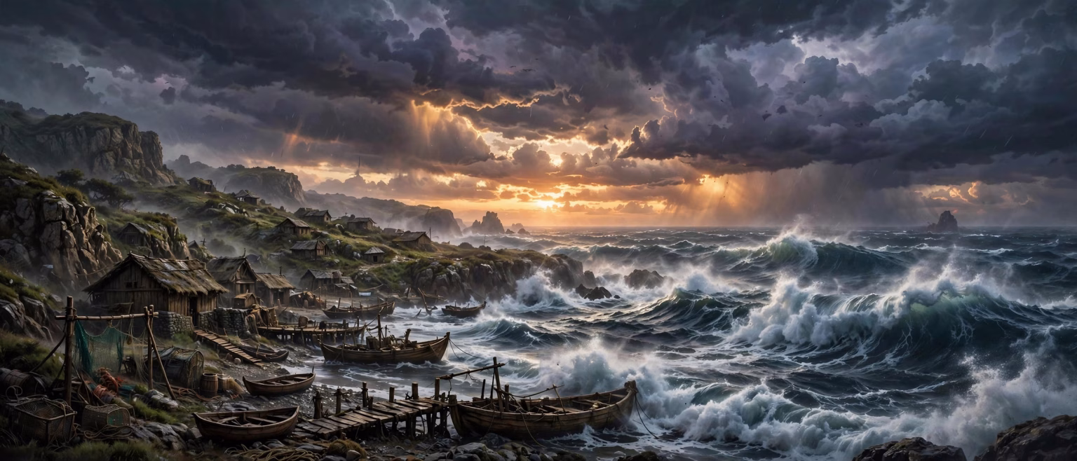 Coastal fishing village with boats at sunset under a dramatic stormy sky, action epic concept art