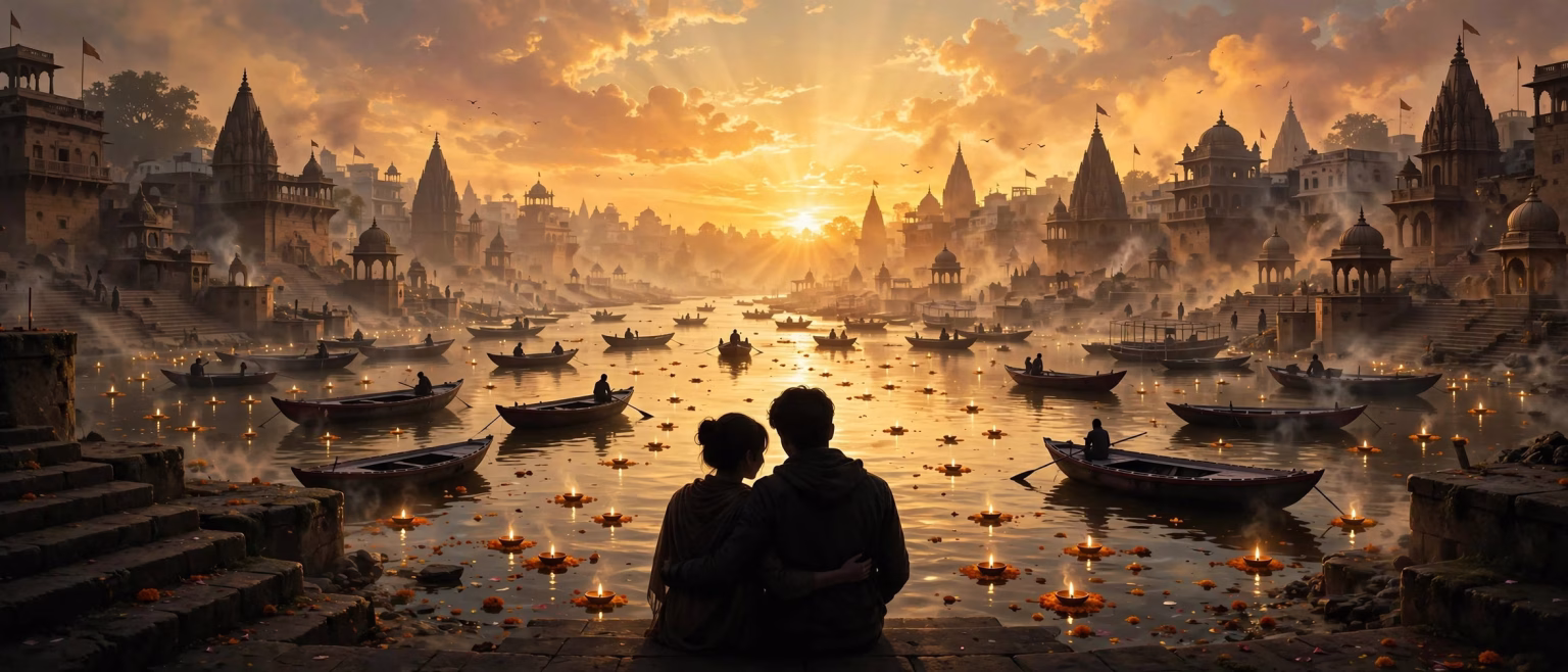 Tere Ishq Mein OTT Release Date: When and Where to Watch on Netflix Young couple silhouetted against Varanasi ghats at sunset with river boats and floating diyas
