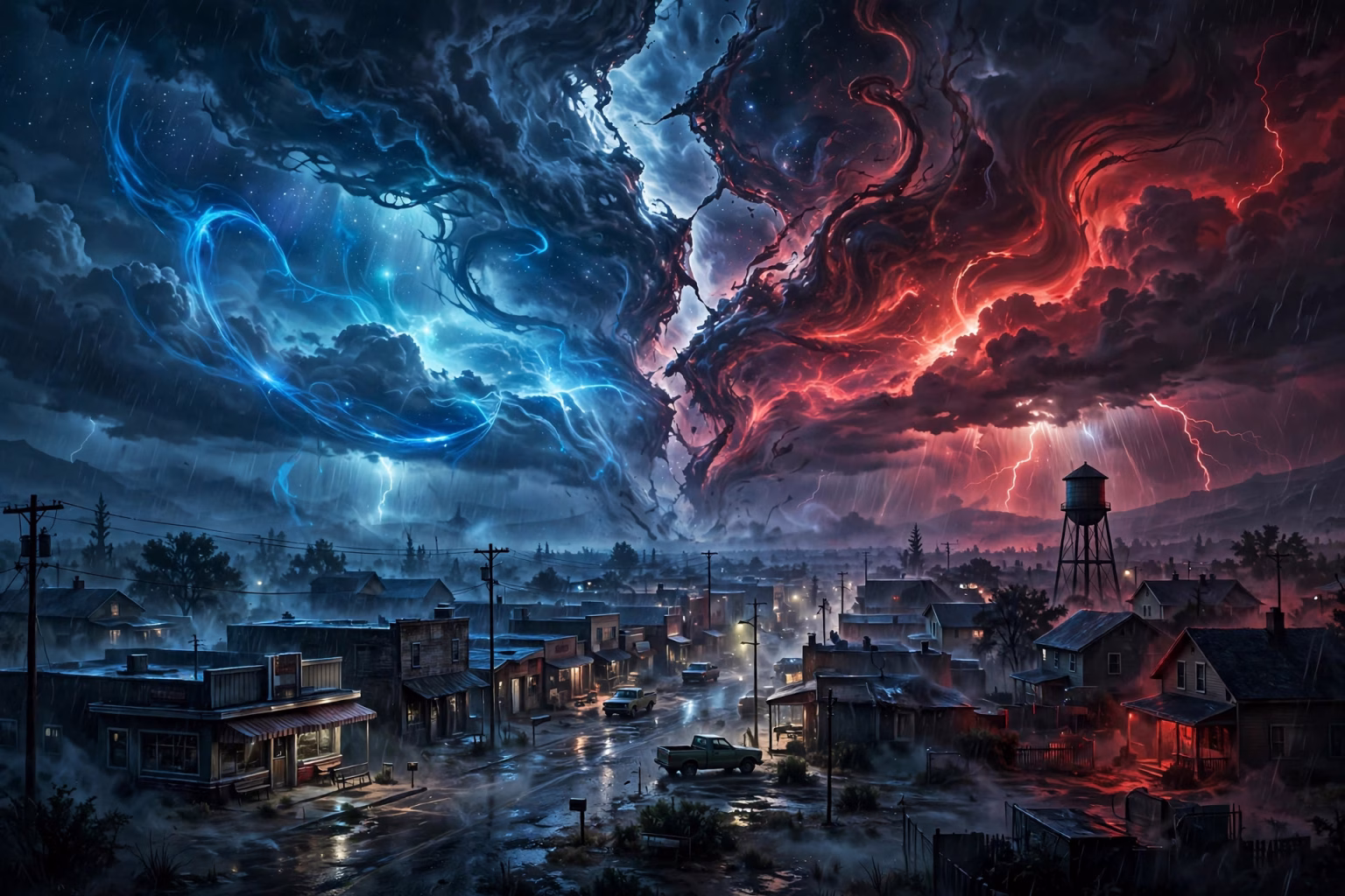 Stranger Things Ending Explained: Eleven’s Fate, Vecna’s Defeat and the Final Scene Small American town at night with a glowing rift splitting the sky above it, supernatural mystery concept art