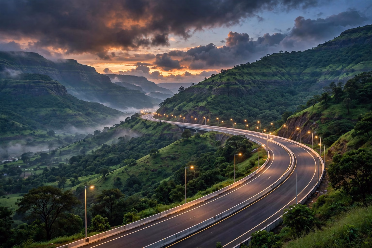 Highway accident scene with emergency vehicles and smoke at dusk, news concept art