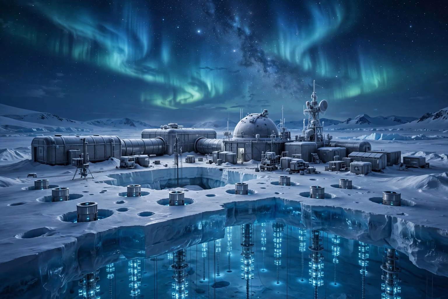 Antarctic ice station under aurora and starry sky, home of the IceCube Neutrino Observatory