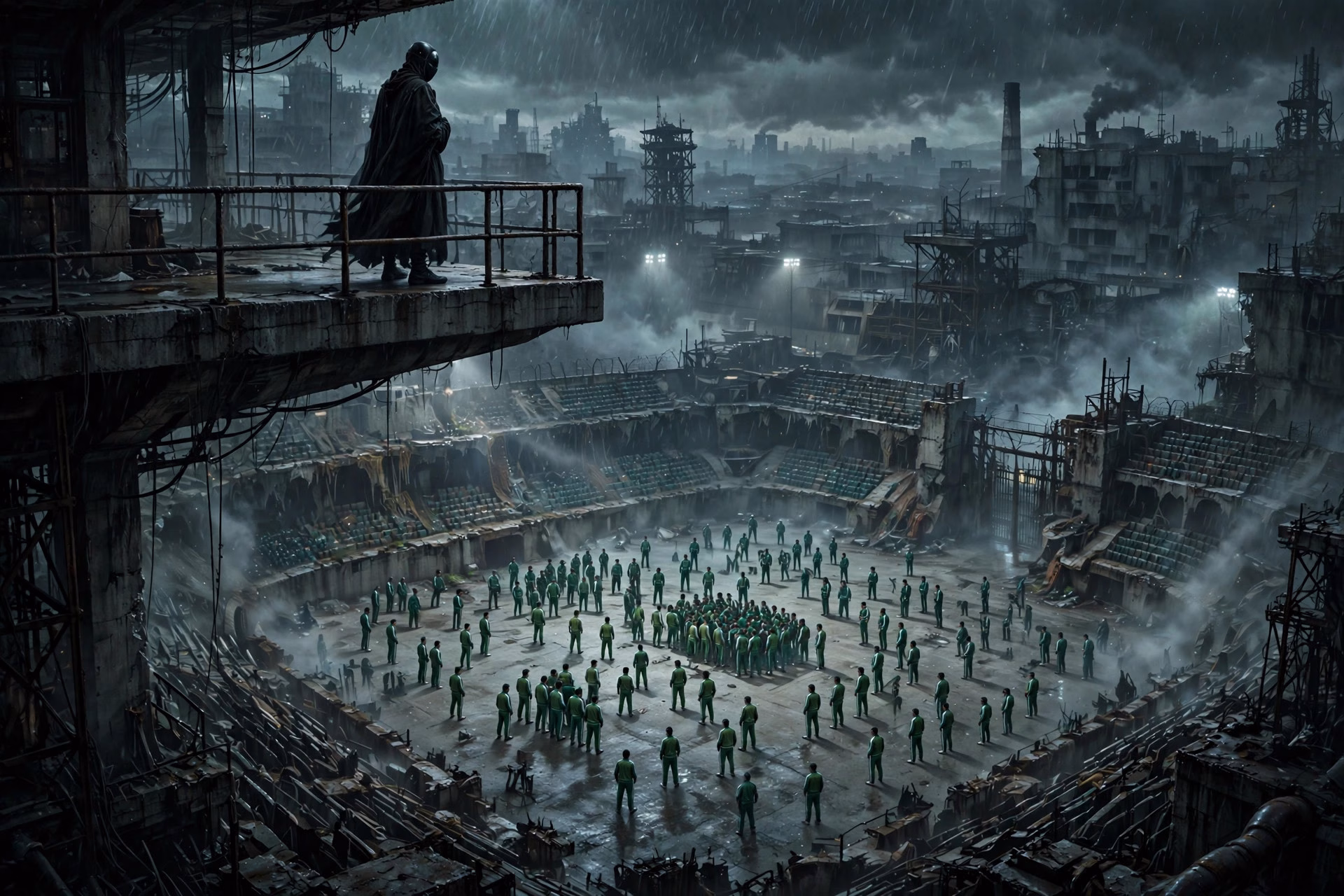 Masked figure in black overlooking an arena of players in green tracksuits, dystopian concept art