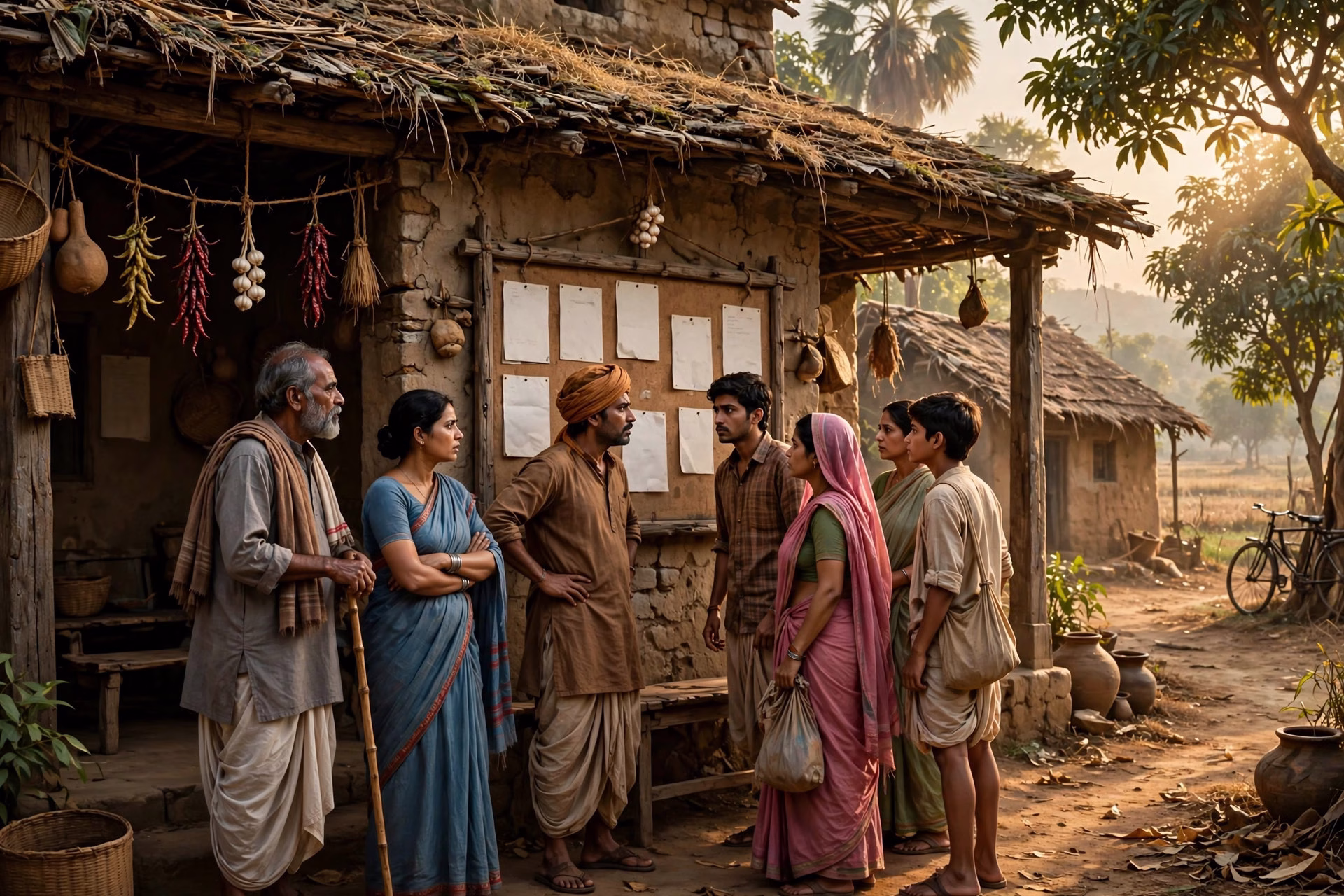 Rustic Indian village panchayat office with villagers gathered, rural drama concept art
