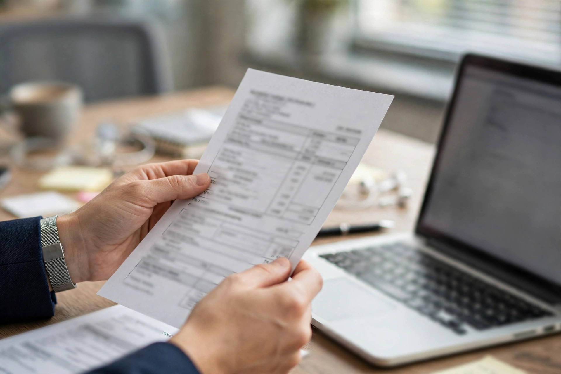 Office employee reviewing monthly payslip document at desk
