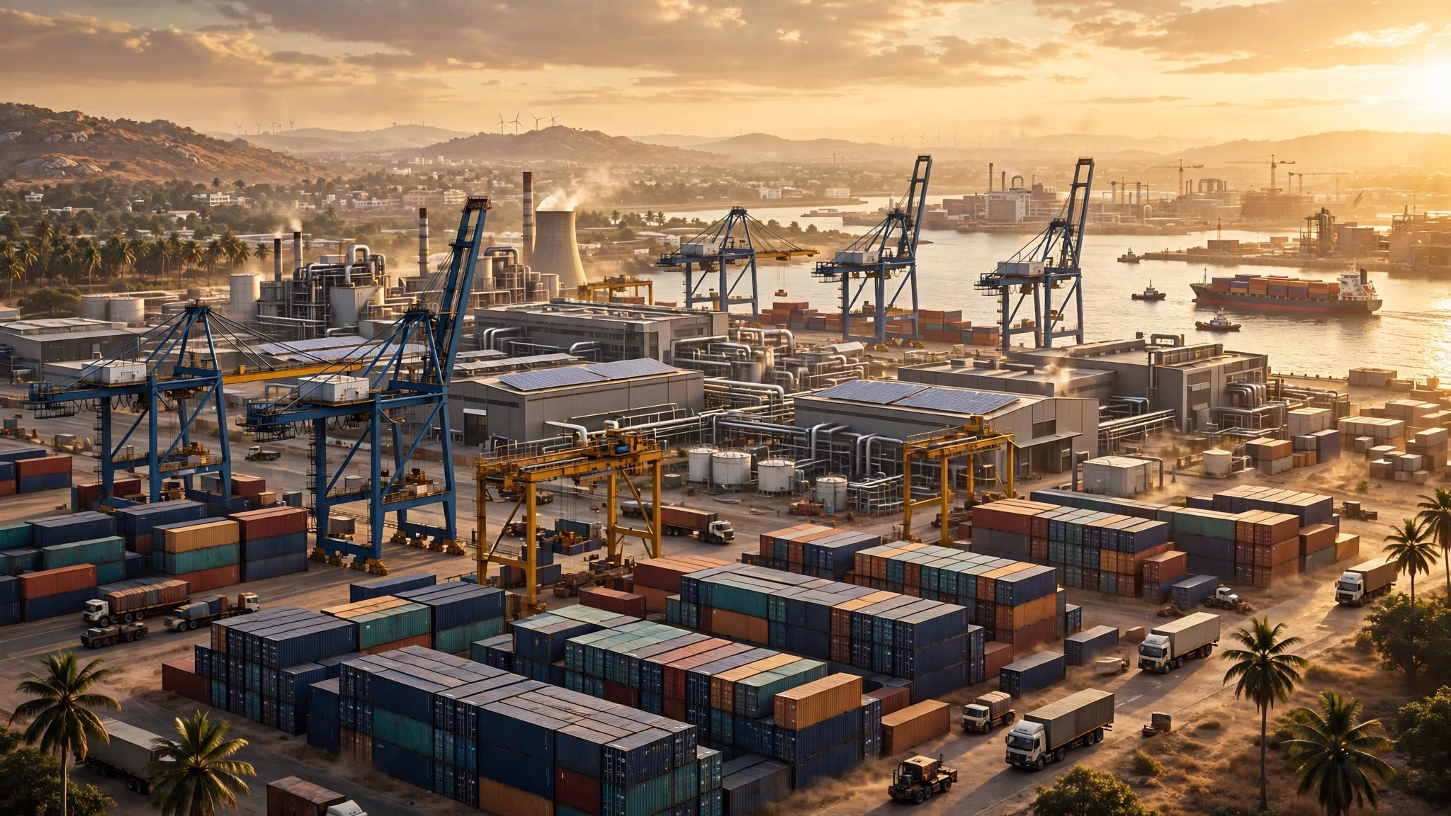 Modern Indian factory with shipping containers and cranes at a busy port