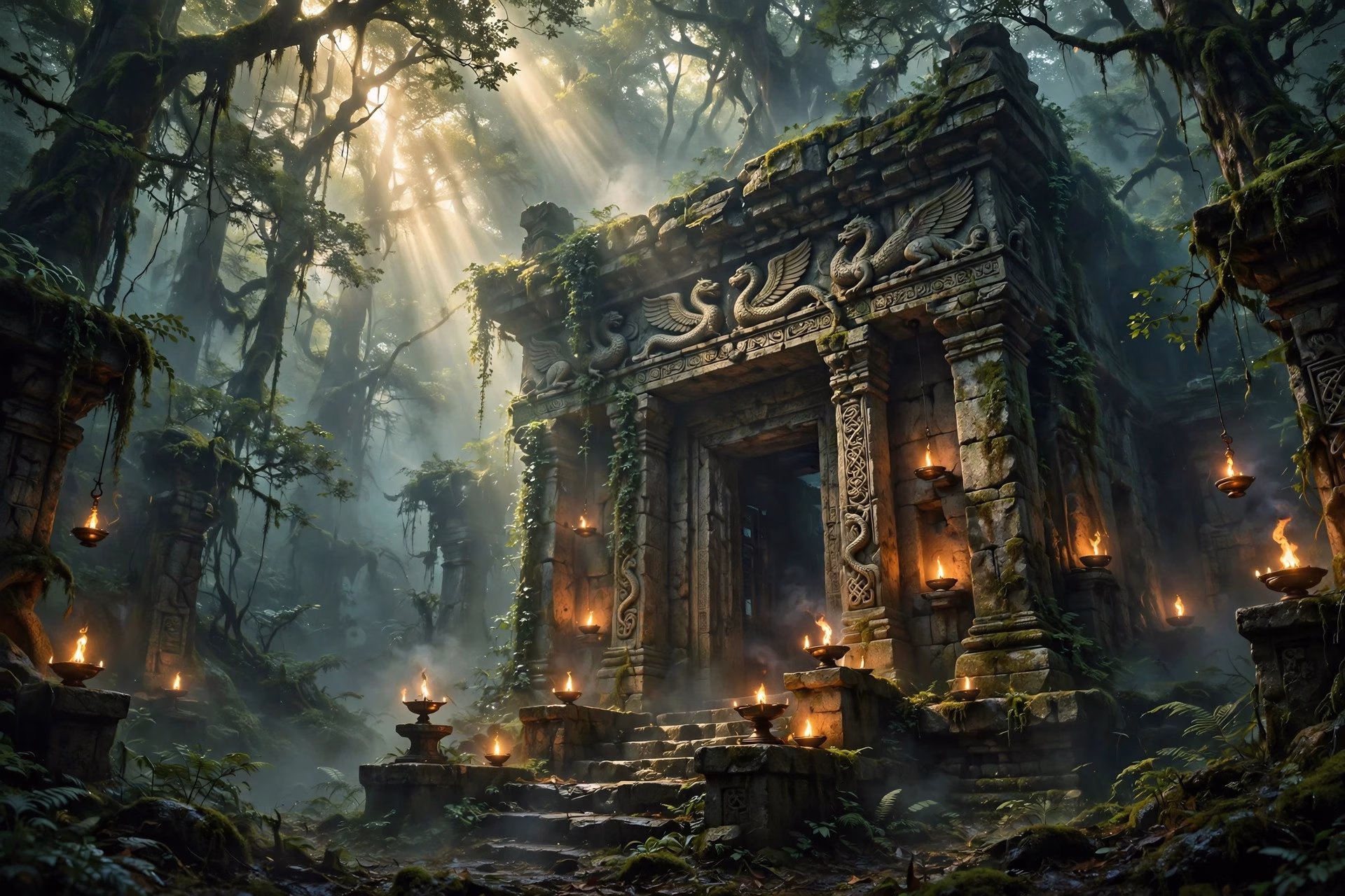 Ancient stone temple in a misty forest with shafts of light and ritual lamps