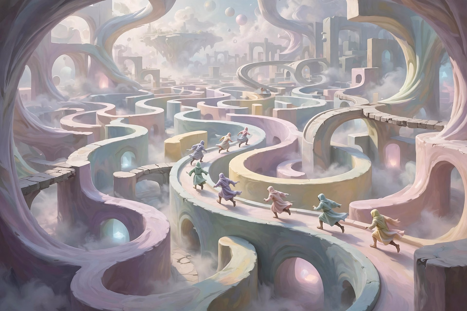 Hooded players running through a twisting pastel corridor maze, surreal game concept art