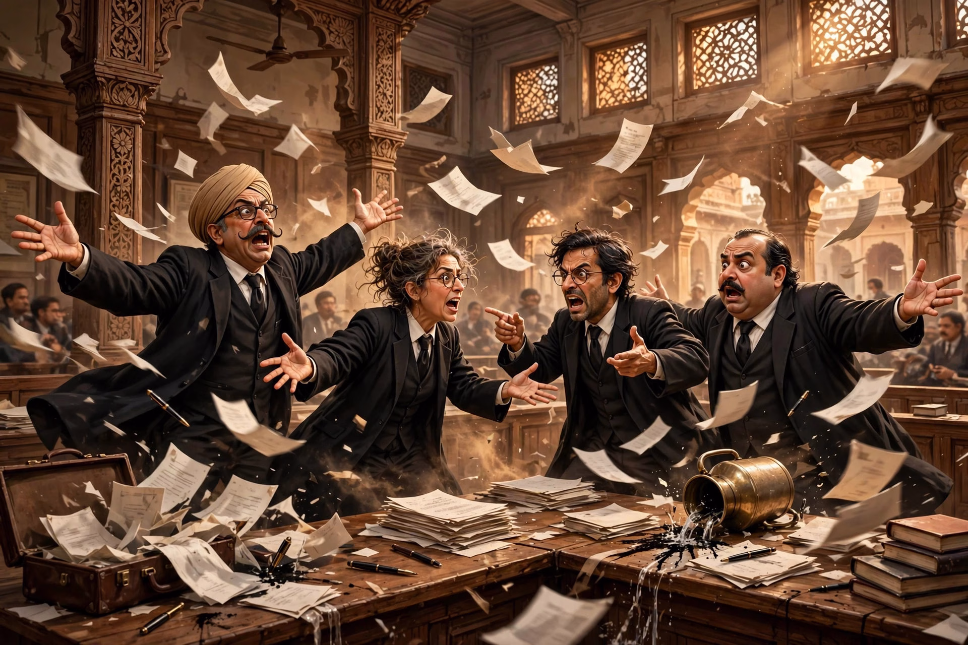 Chaotic Indian courtroom with eccentric lawyers arguing, comedy drama concept art