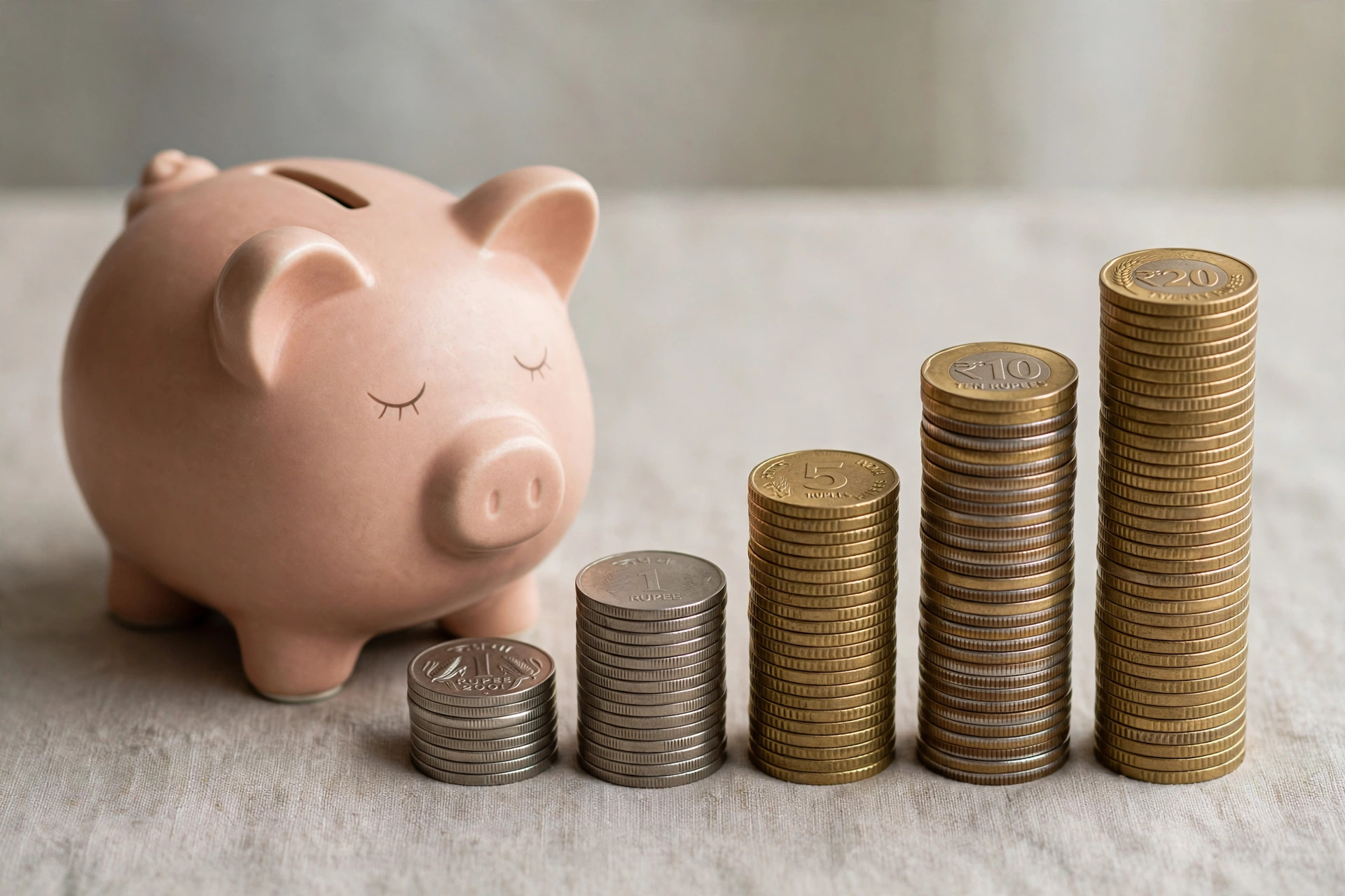 Piggy bank with Indian rupee coins symbolizing retirement savings growth