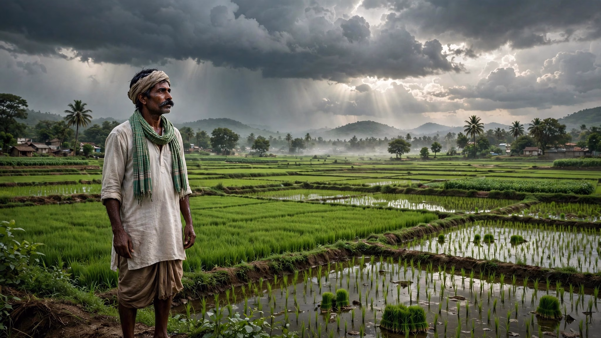 Indian farmer in a green field under dramatic monsoon clouds