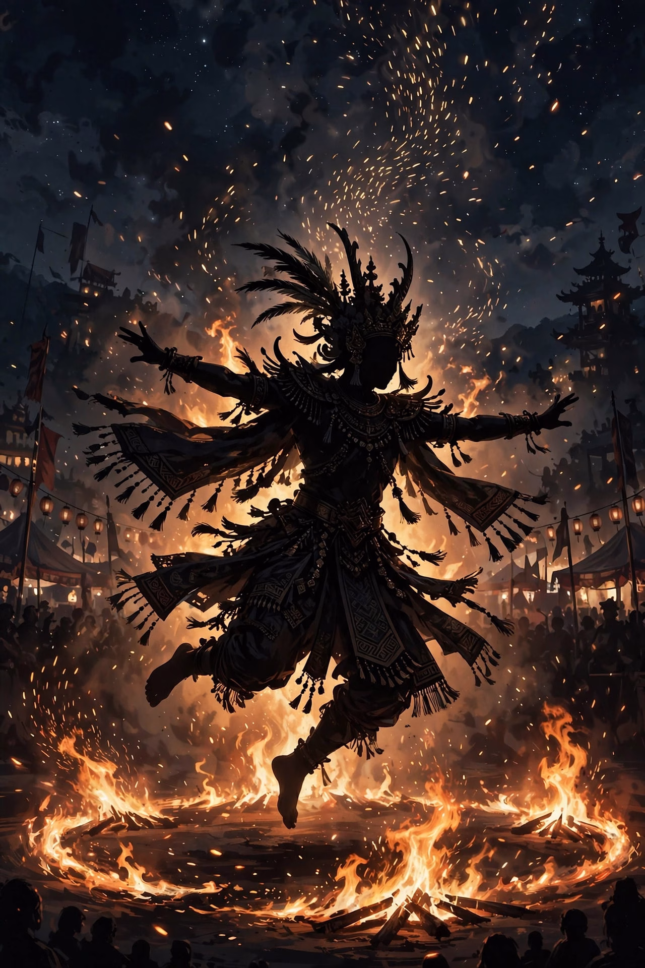 Ritual dance performance with fire and ornate costume silhouette at a night festival