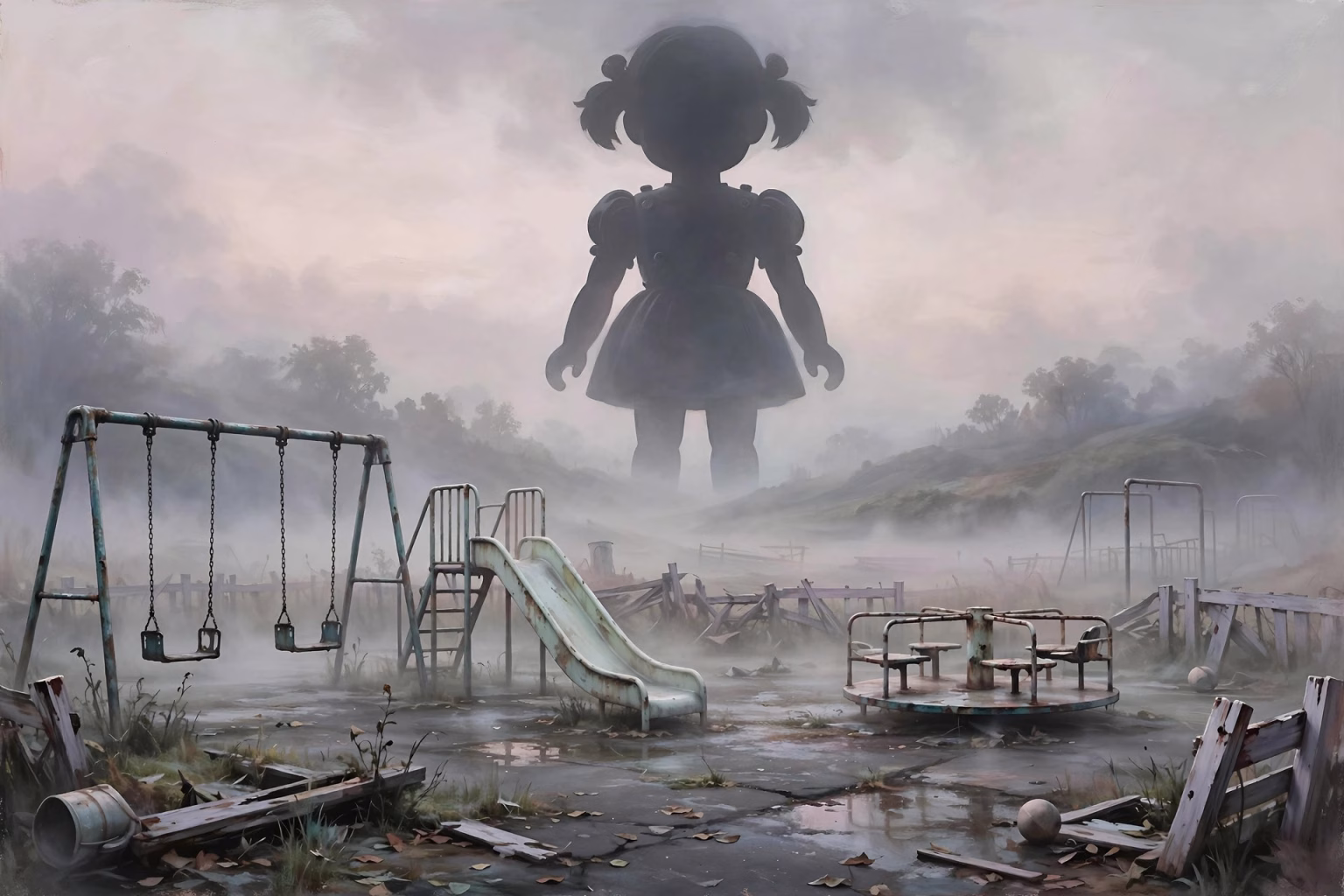 Squid Game Season 2 Ending Explained: The Failed Rebellion and What Comes Next Giant doll silhouette looming over a foggy surreal playground, dystopian game concept art