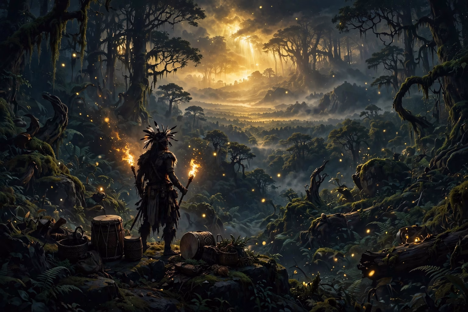 Tribal warrior silhouette with drums and fire torches in an ancient moonlit forest, mythic epic concept art