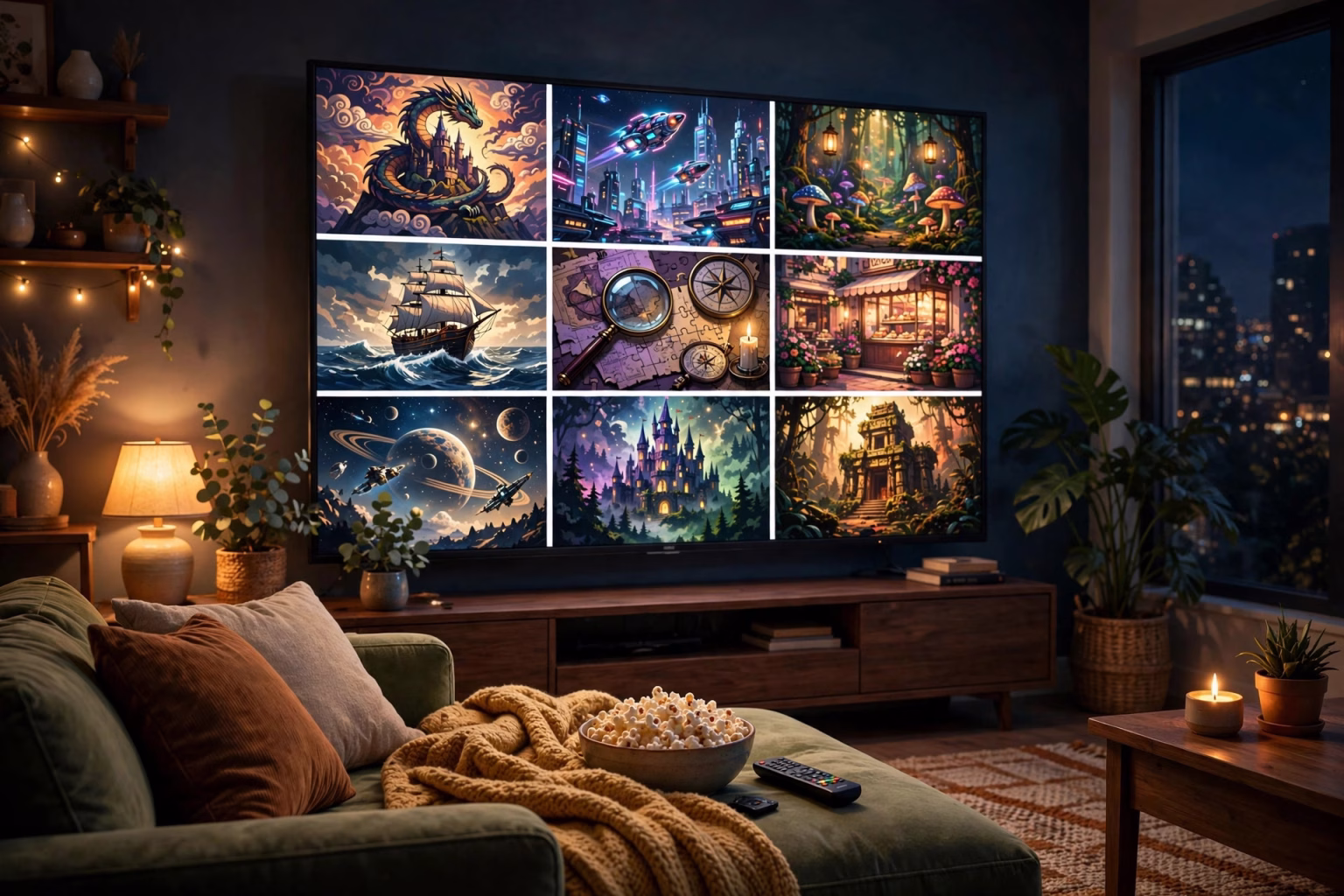 Living room with glowing TV showing multiple show posters, popcorn and remote, streaming night concept art
