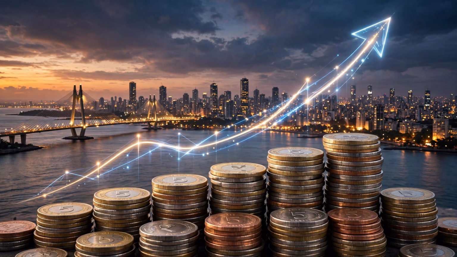 Indian rupee coins stacked with a rising growth chart arrow over the Mumbai skyline at dusk