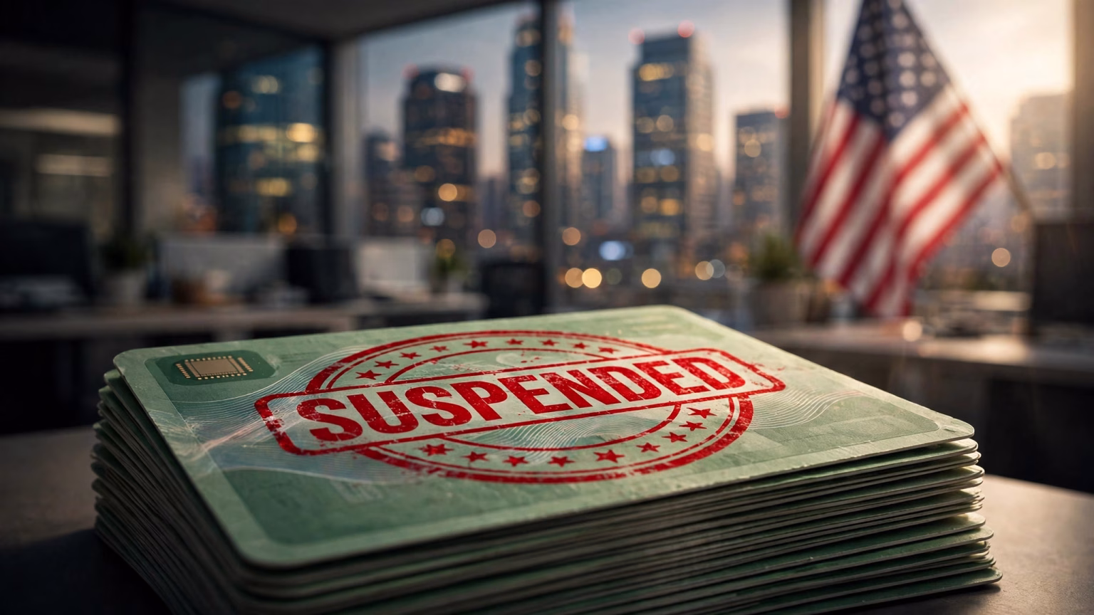 US Suspends TCS, Infosys, Wipro, HCLTech From Green Card Programme: What It Means for Indian Workers Suspended stamp on green card documents with the US flag in the background, representing the US green card suspension