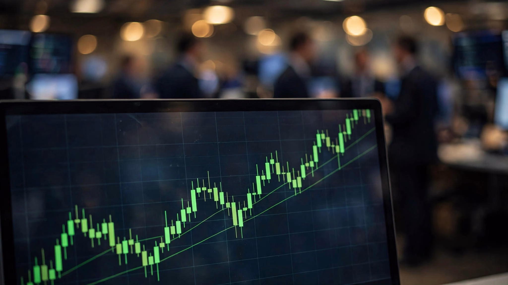 Stock trading terminal screen showing a rising green candlestick chart