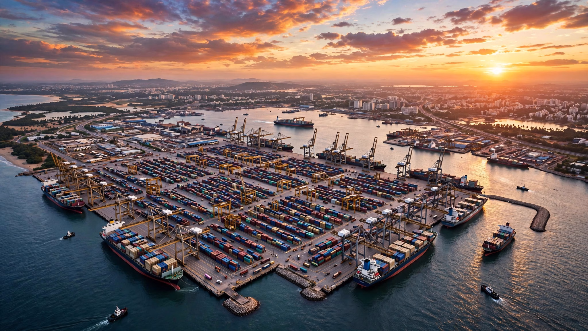 Aerial view of a large Indian port with container ships and cranes at sunset