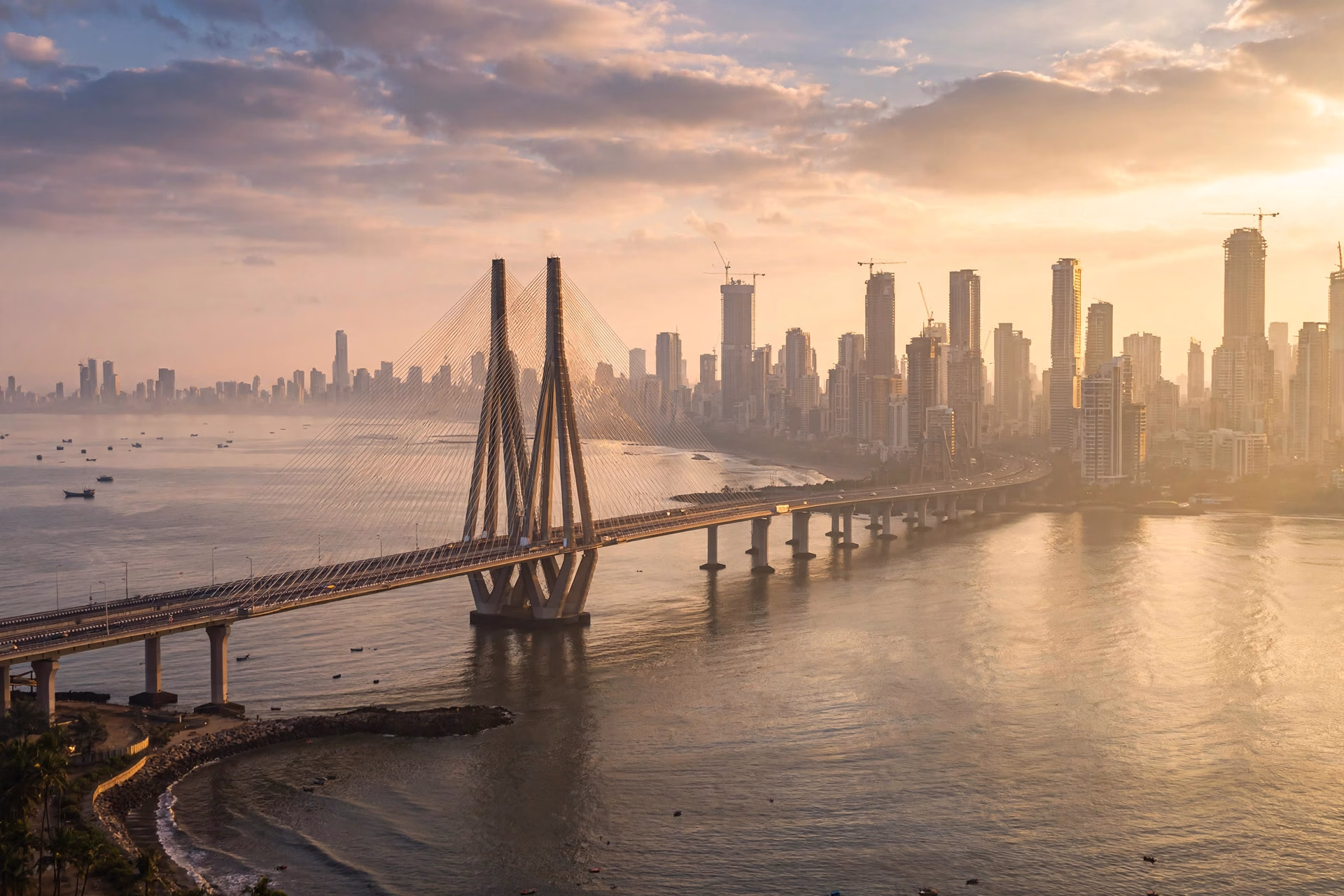 Mumbai financial district skyline at sunrise with the Bandra-Worli Sea Link