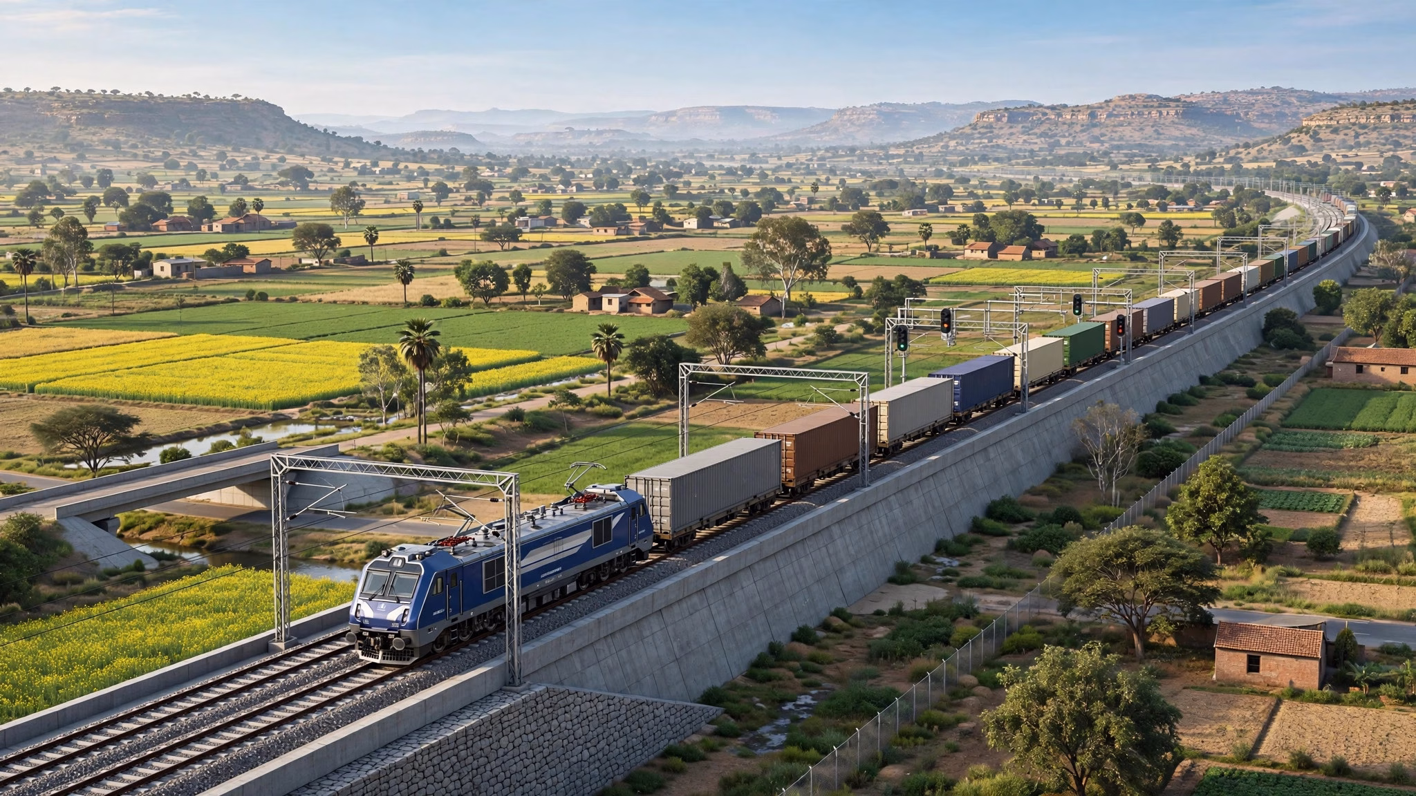 Modern Indian railway freight corridor with an electric locomotive hauling cargo wagons