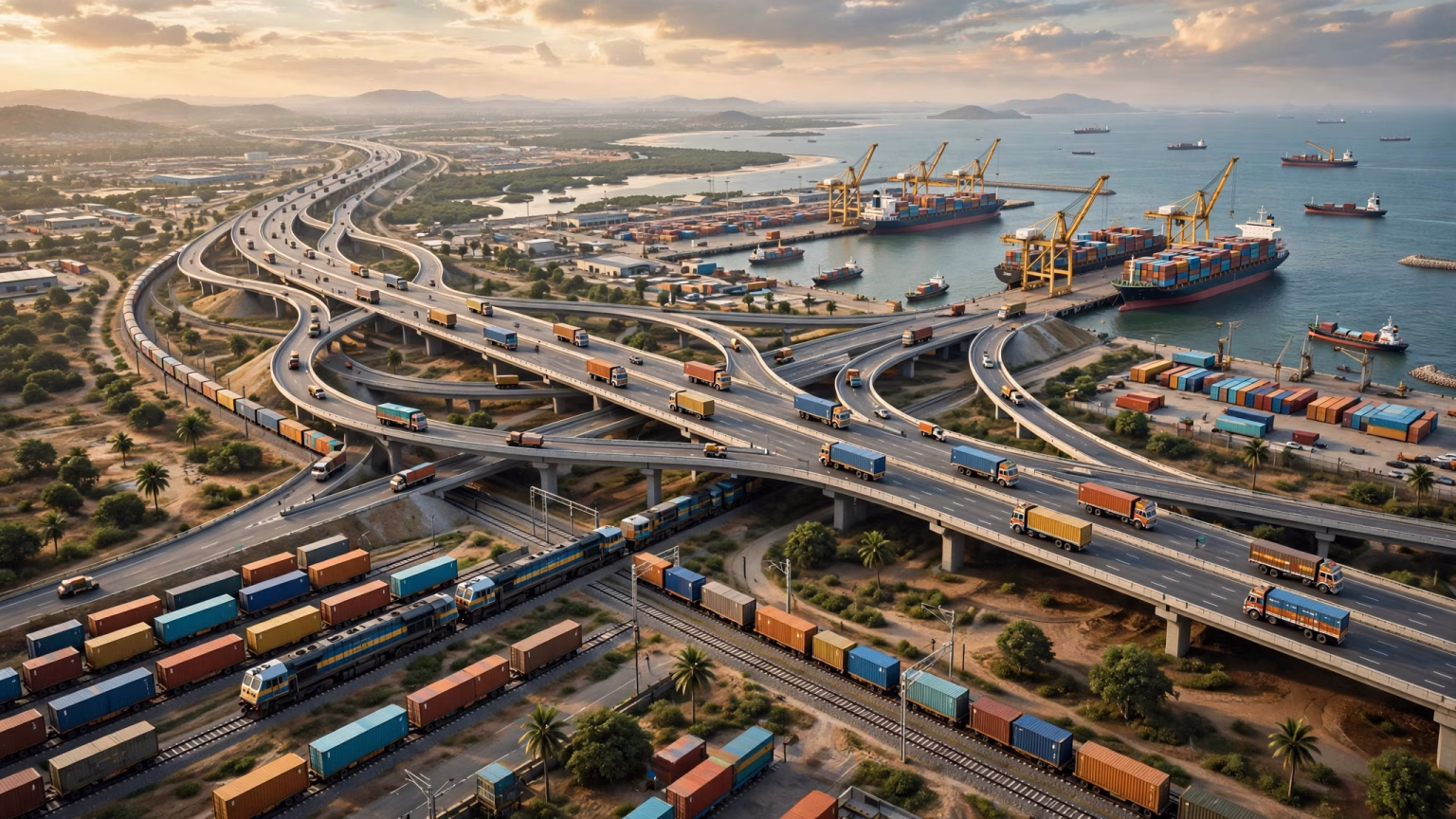 Indian highway interchange with cargo trucks, freight trains and cargo ships forming a logistics network