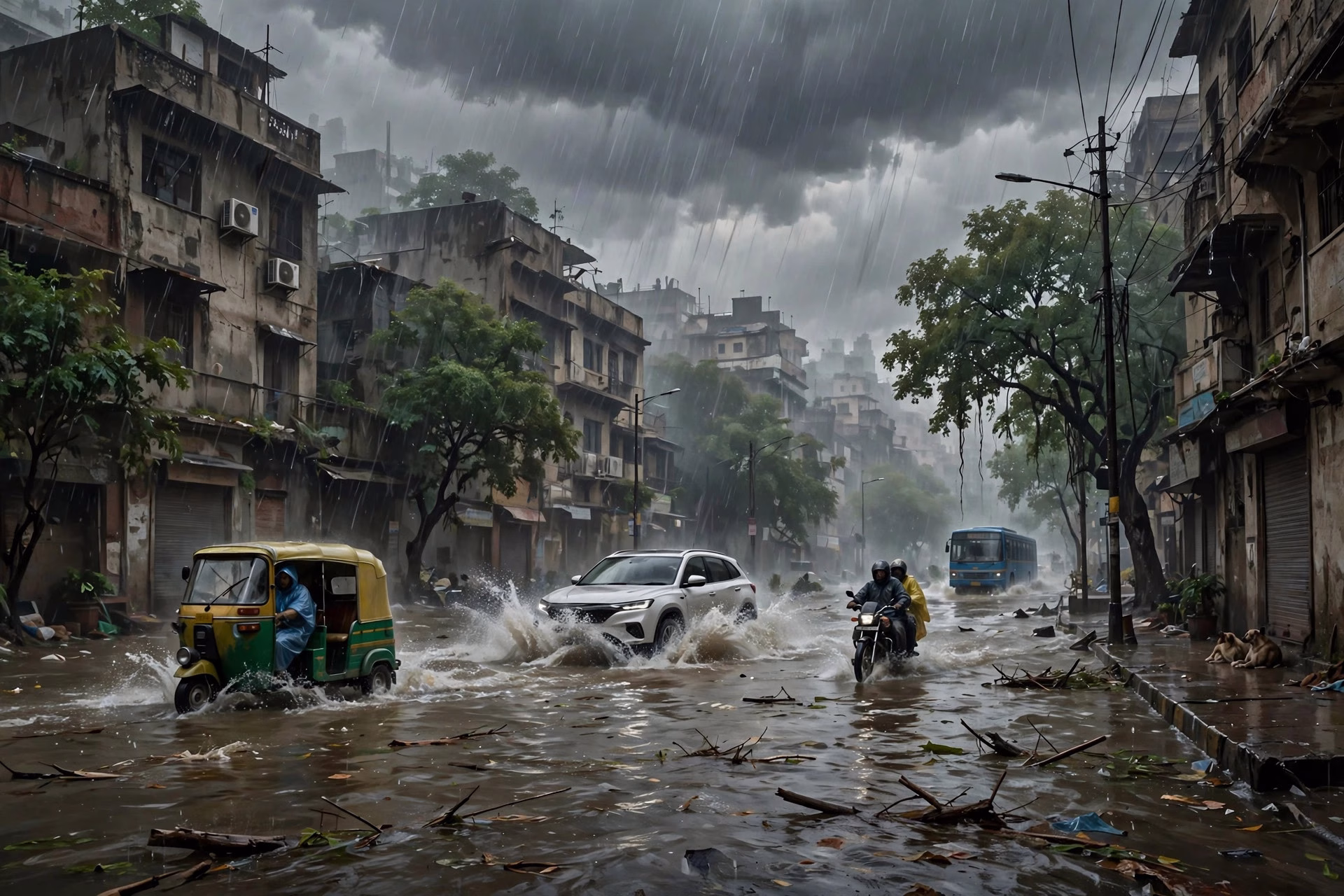 Vehicles wading through a waterlogged Delhi street during heavy monsoon rain
