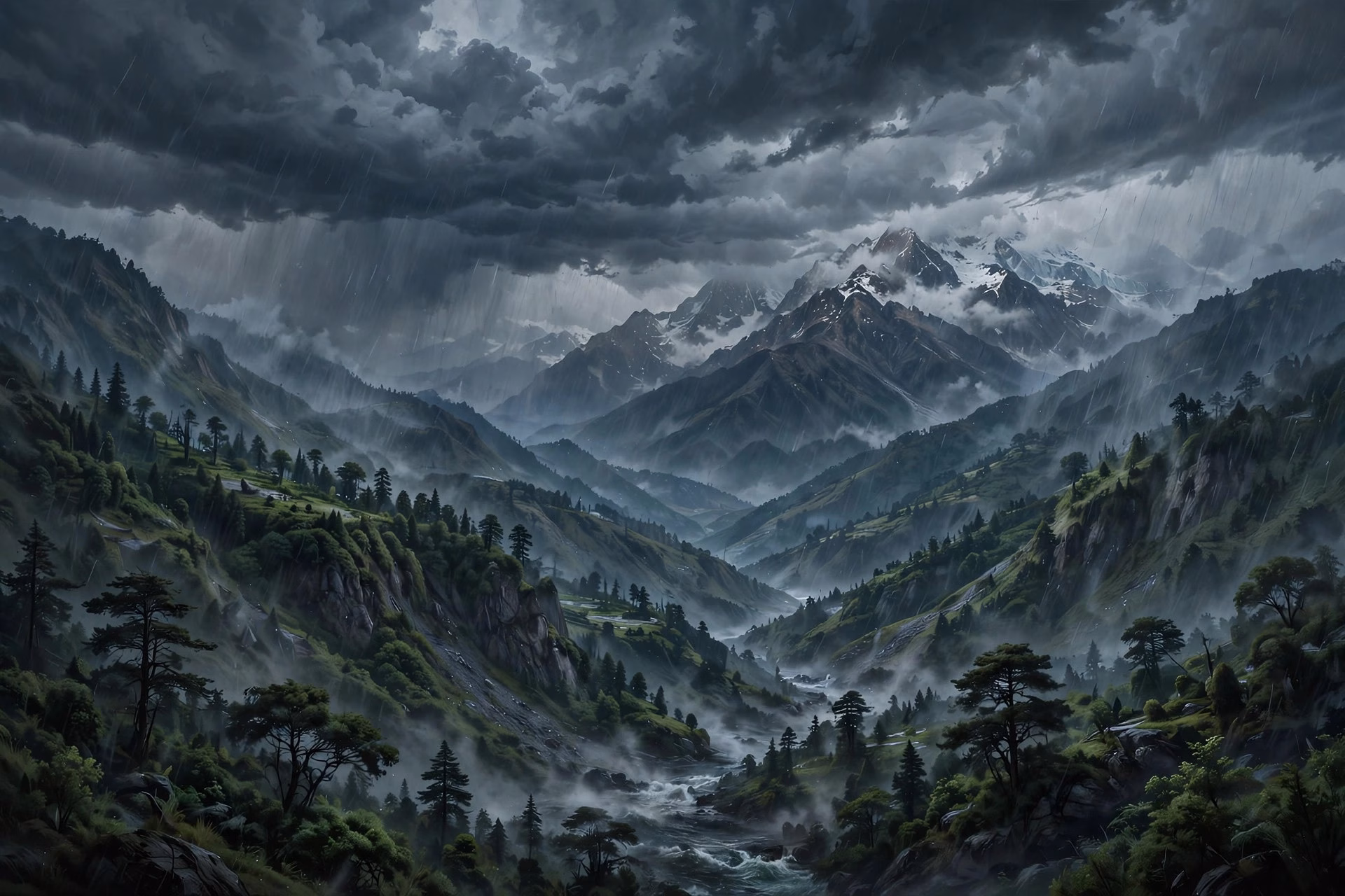Dark storm clouds gathering over the Himalayan mountains in Uttarakhand