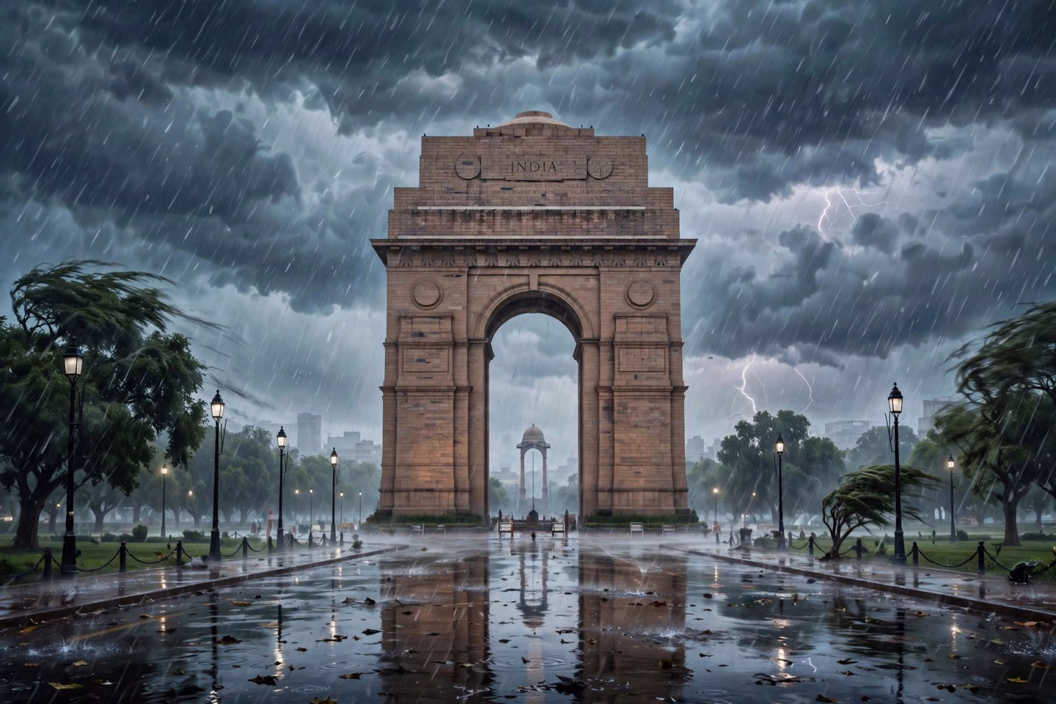 Heavy monsoon rain falling over India Gate in New Delhi under dark storm clouds
