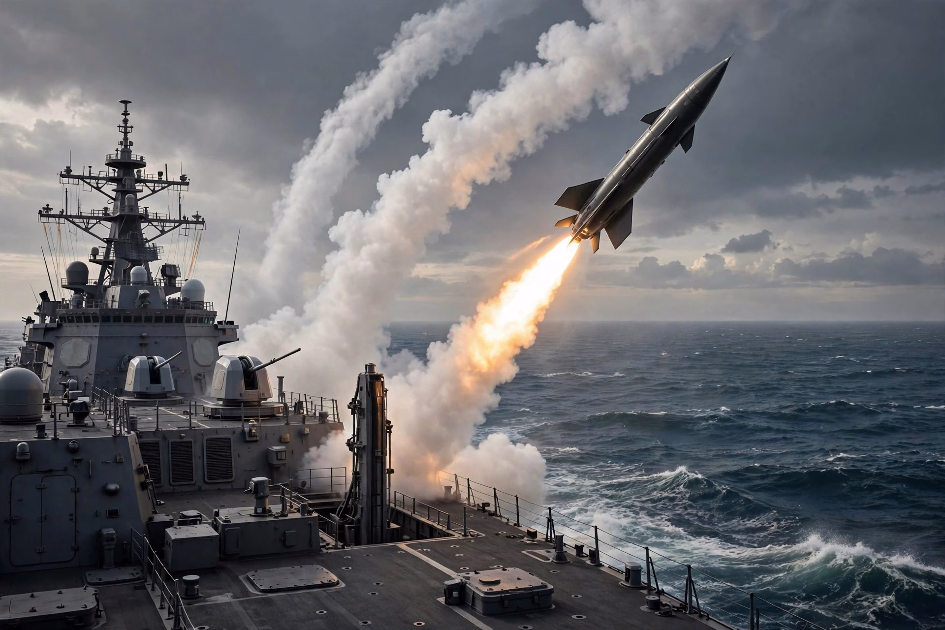 Supersonic cruise missile launching from a warship deck with a smoke trail